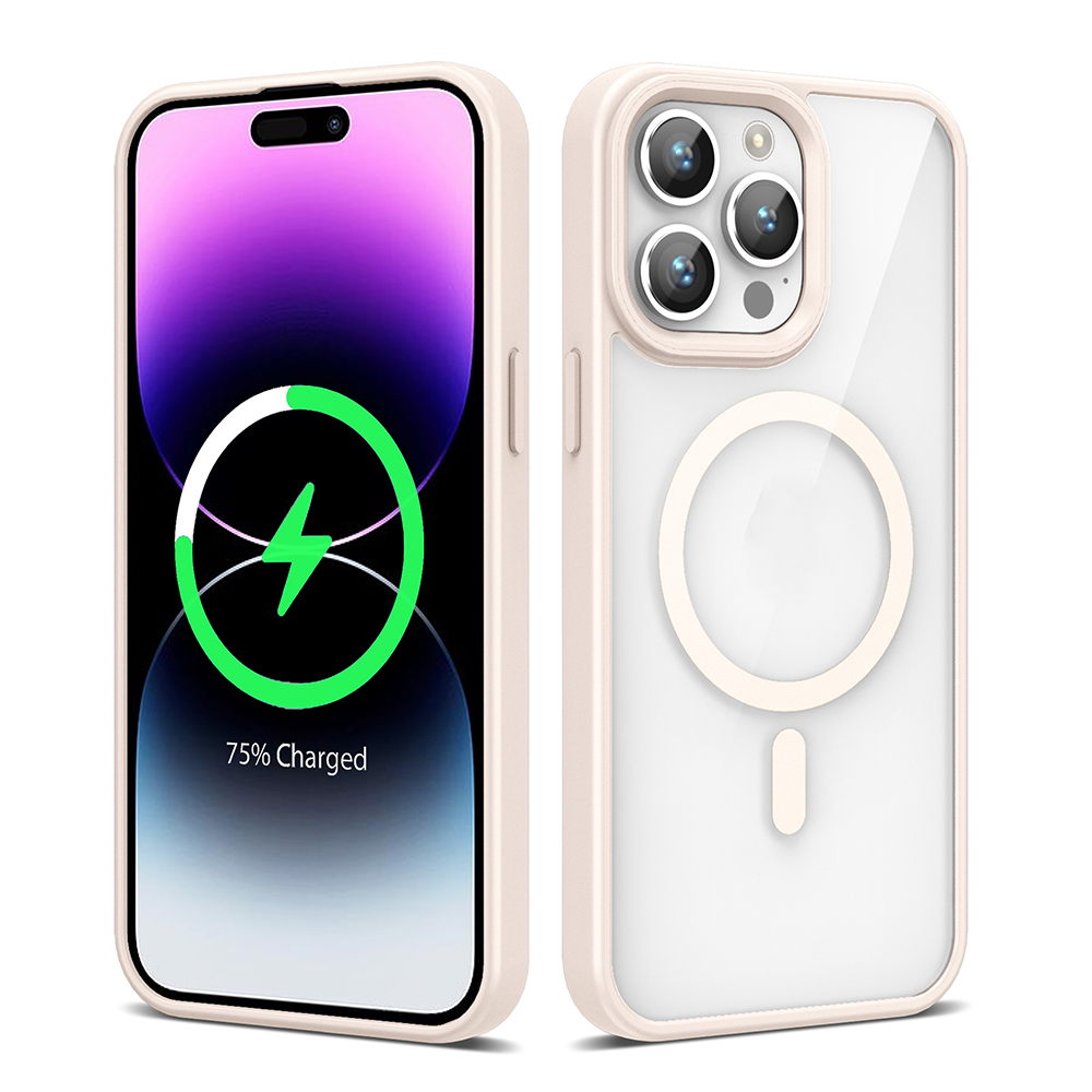 Pembe kılıflı telefon, ön yüz şarj ekranı, arka yüz kamera ve MagSafe halkası gösteriyor.