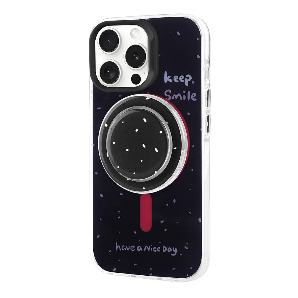 Yıldızlar, kamera ve 'keep. Smile' yazılı lacivert telefon kılıfı.