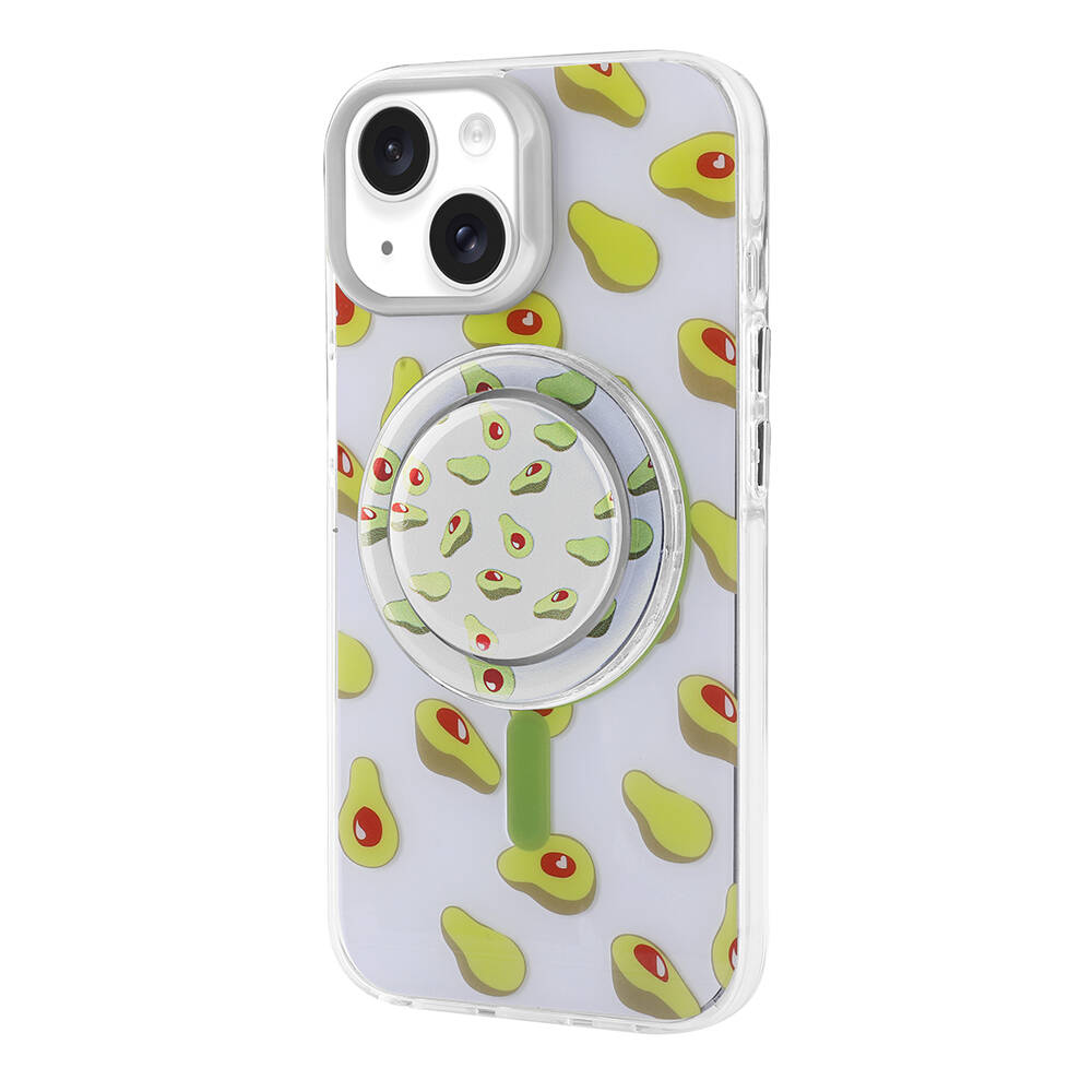 Şeffaf iPhone kılıfı, avokado desenli ve entegre tutuculu.