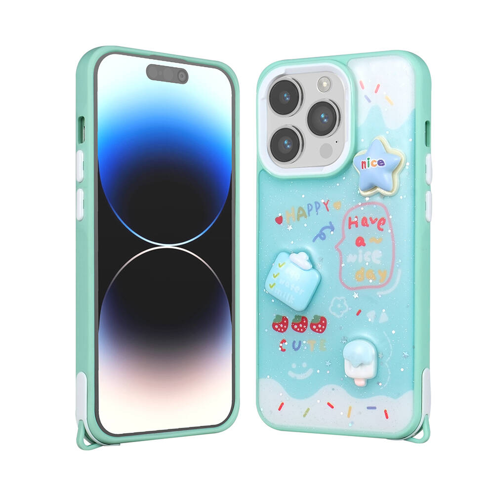 Dondurma ve çilek gibi sevimli çıkartmalarla açık yeşil iPhone kılıfı.