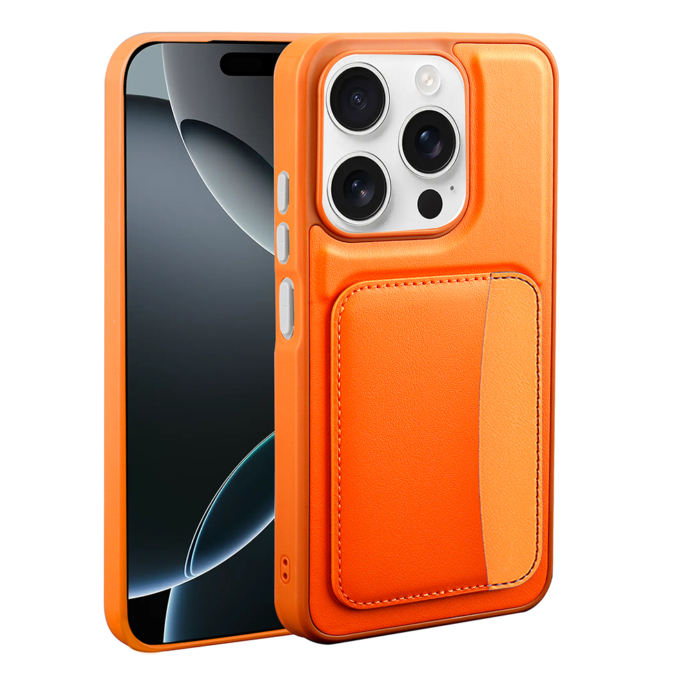 Kamera lensli ve kartlıklı turuncu telefon kılıfı.
