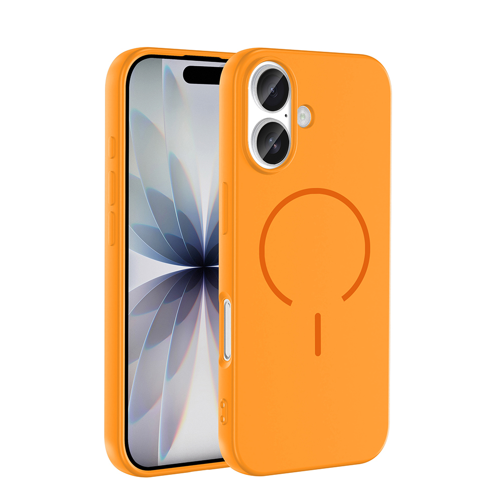 Turuncu bir telefon kılıfı, arkadan ve yandan gösterilen bir telefonun üzerindedir.