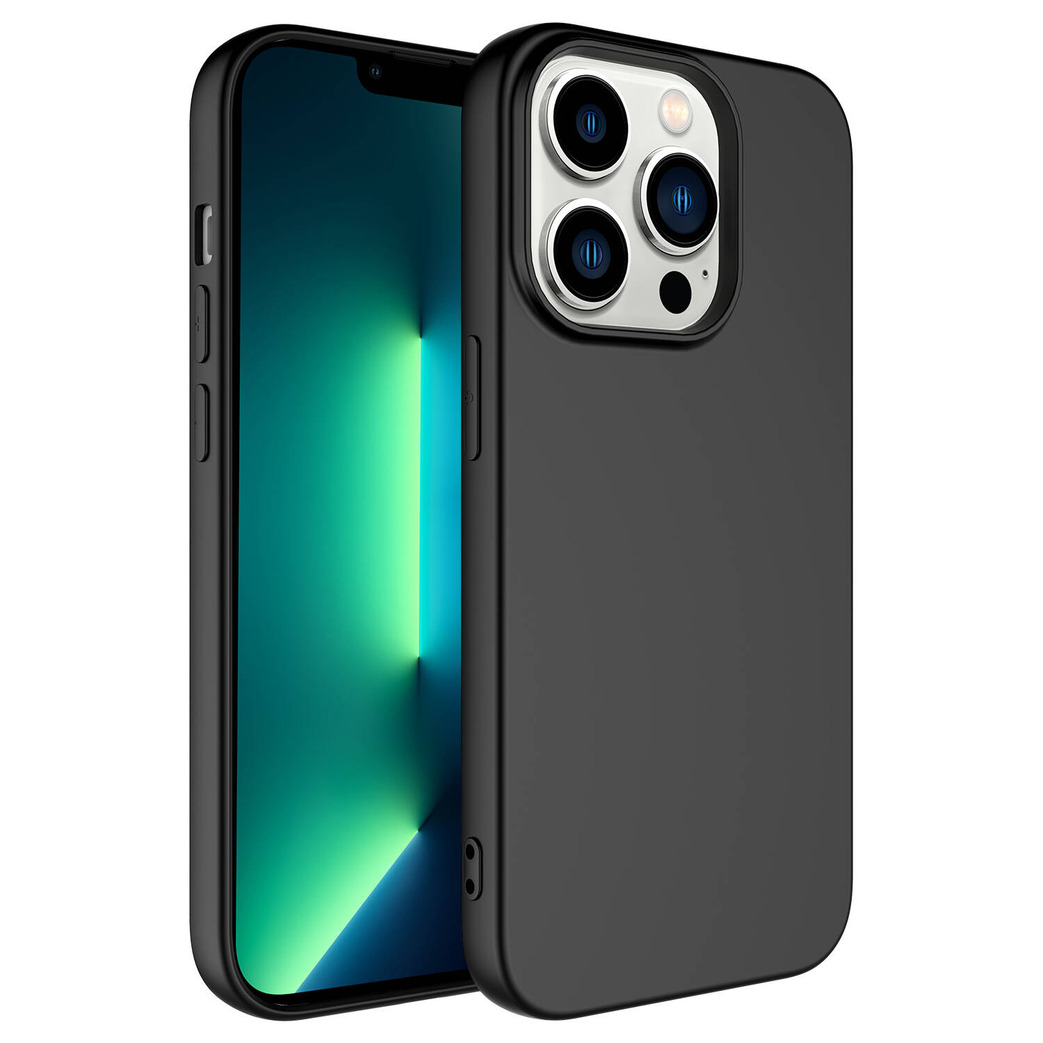 Üçlü kameraya sahip siyah iPhone ve yeşil arka plan ışığı.