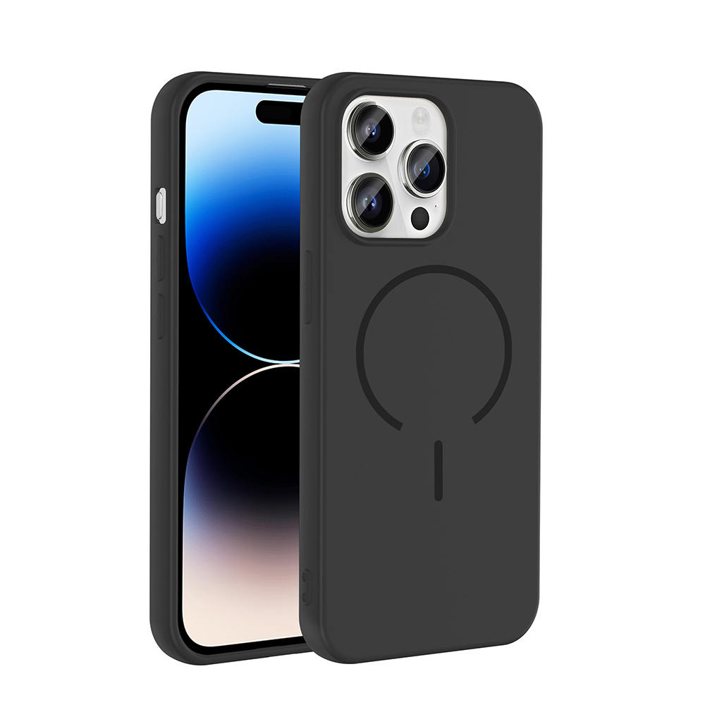 Mıknatıslı daire tasarımlı siyah iPhone ve koruyucu kılıfı.