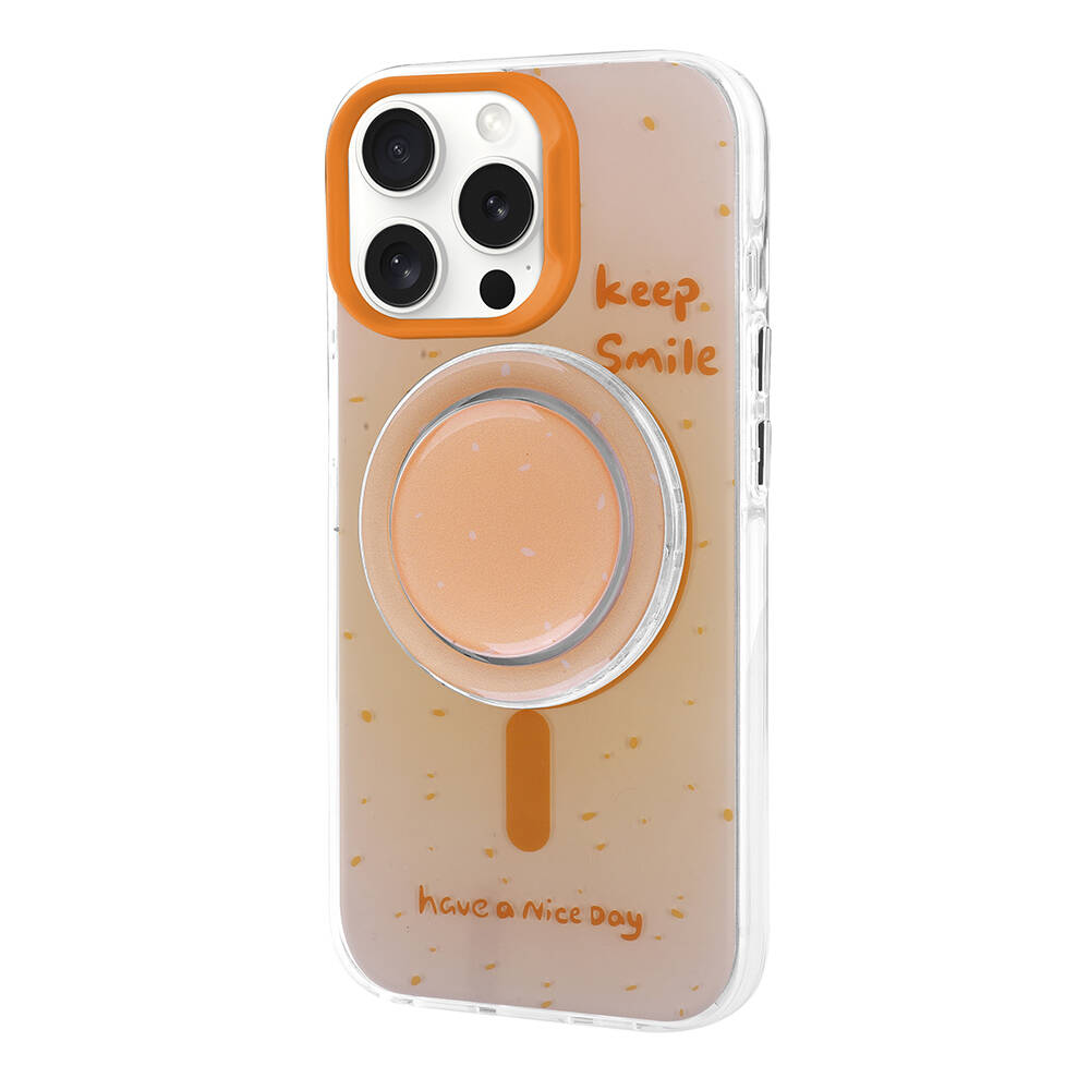 Turuncu halkalı ve kamera kesimli şeffaf telefon kılıfı. Yazı: keep. Smile, have a nice day.