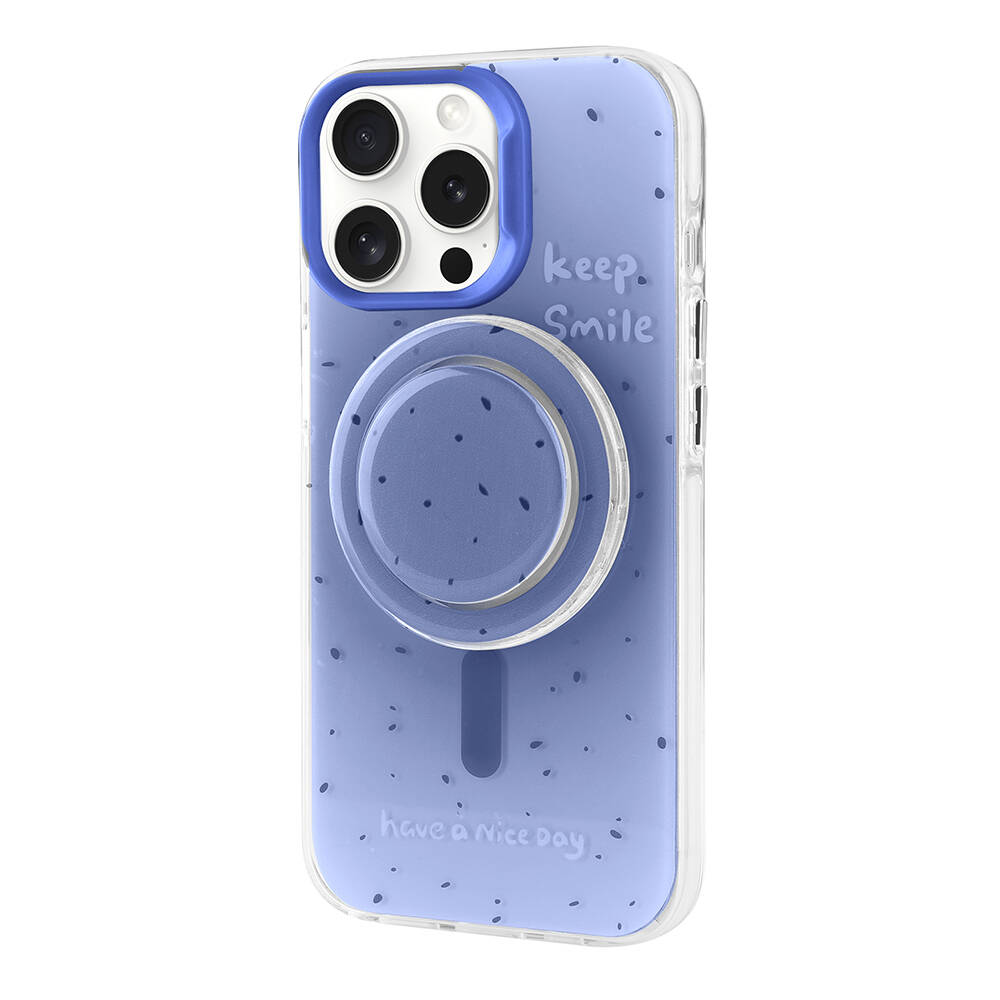 Mıknatıslı halka ve yazılı mavi telefon kılıfı.