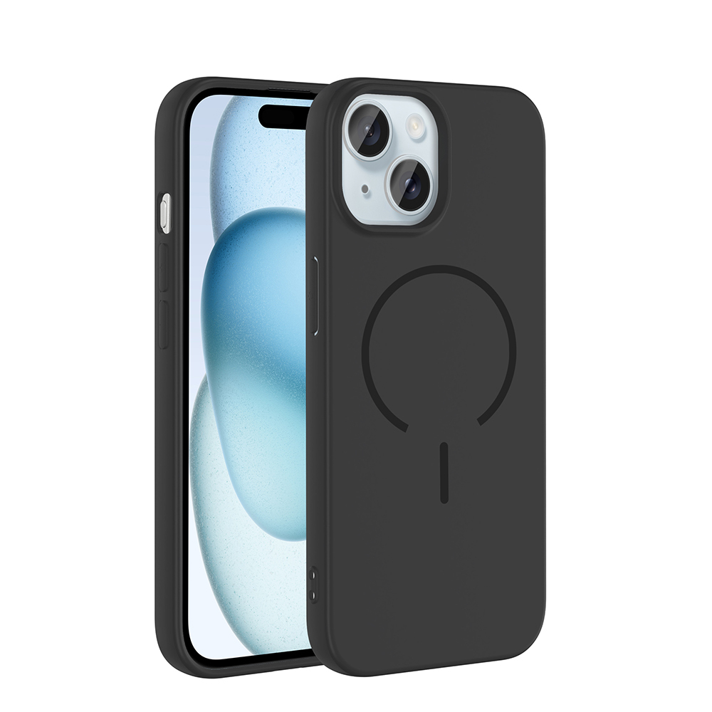 Arkada dairesel desenli siyah iPhone ve siyah kılıf.