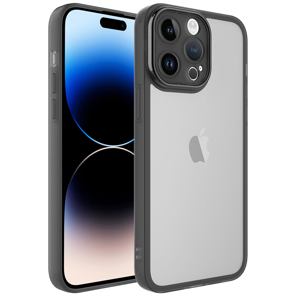 Şeffaf arka ve kamera modülüne sahip koyu renk iPhone kılıfı.