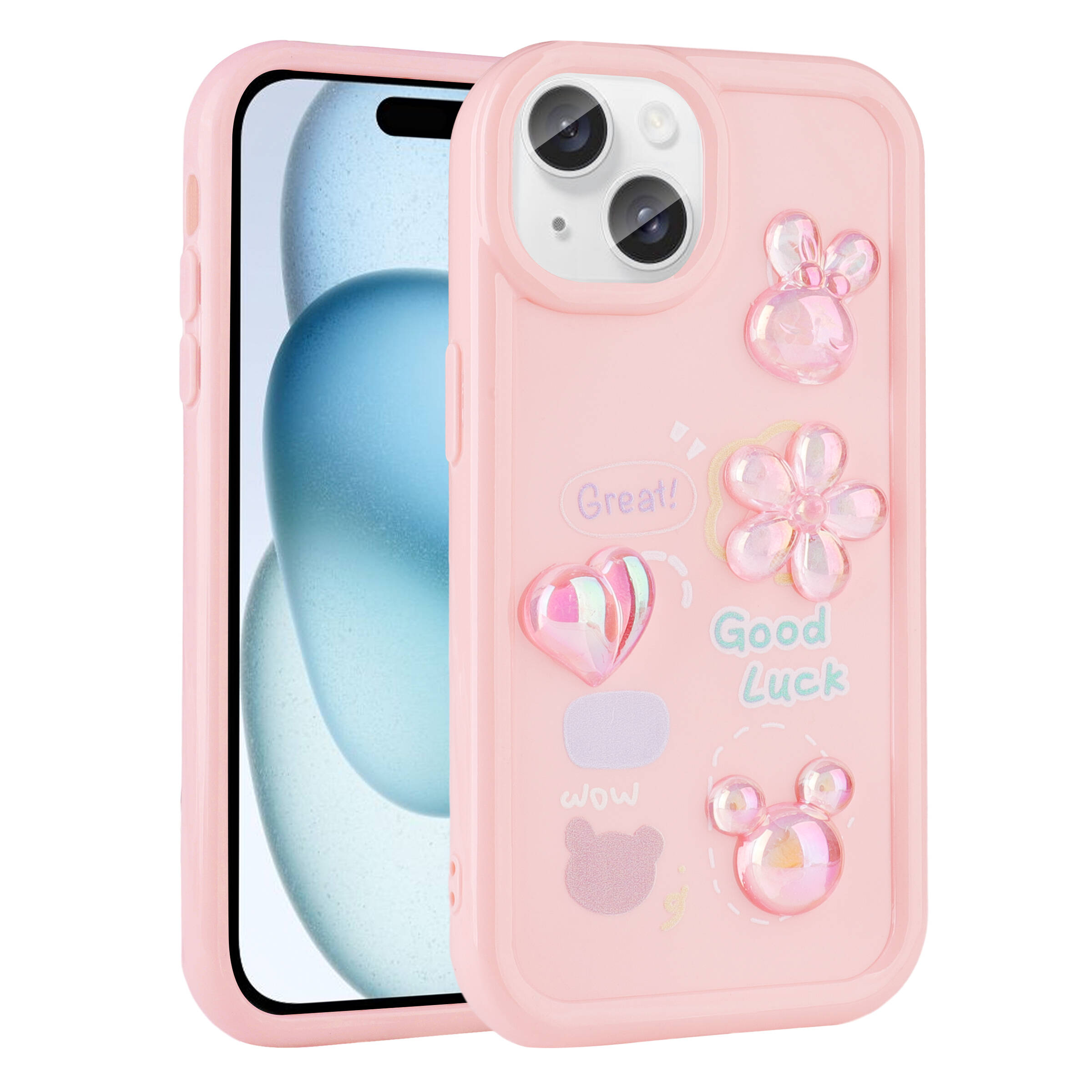 Tavşan, çiçek ve kalp gibi kawaii çıkartmalarla süslenmiş pembe telefon kılıfı.