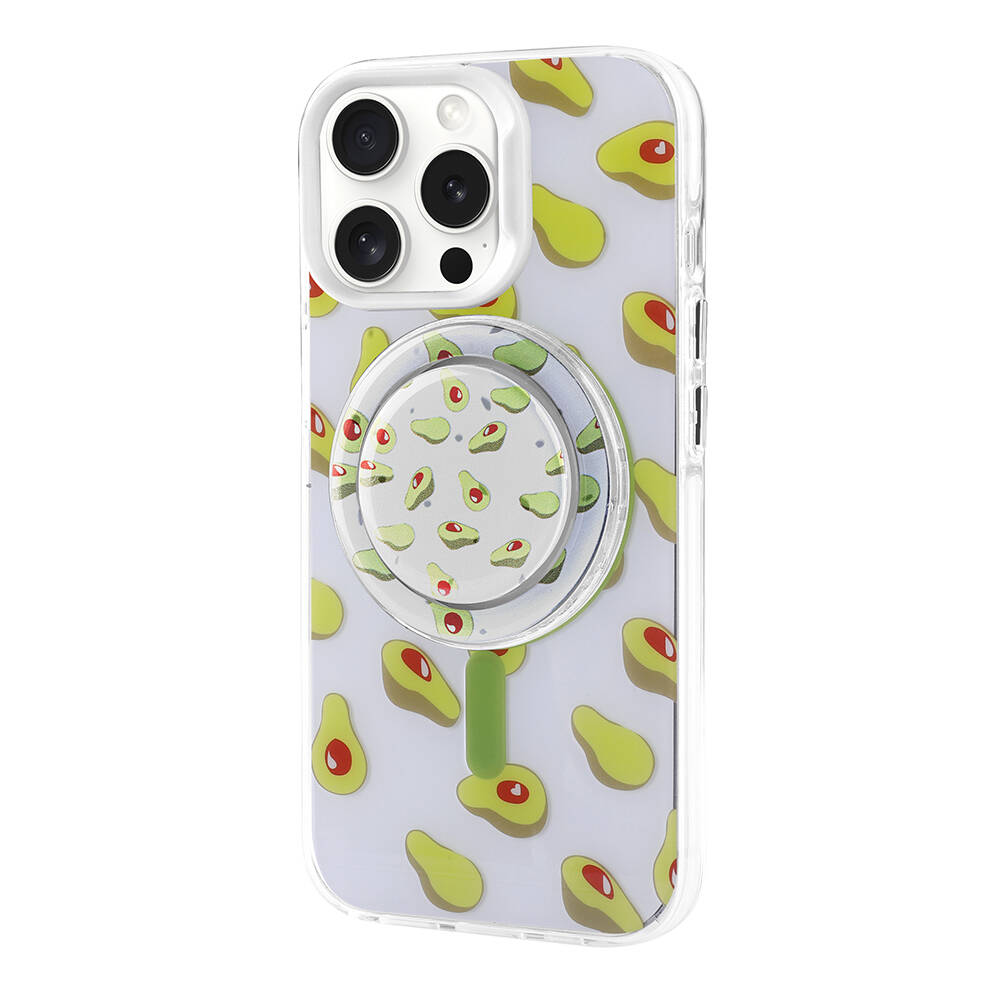 Şeffaf telefon kılıfı, avokado desenli ve entegre tutma yeri.