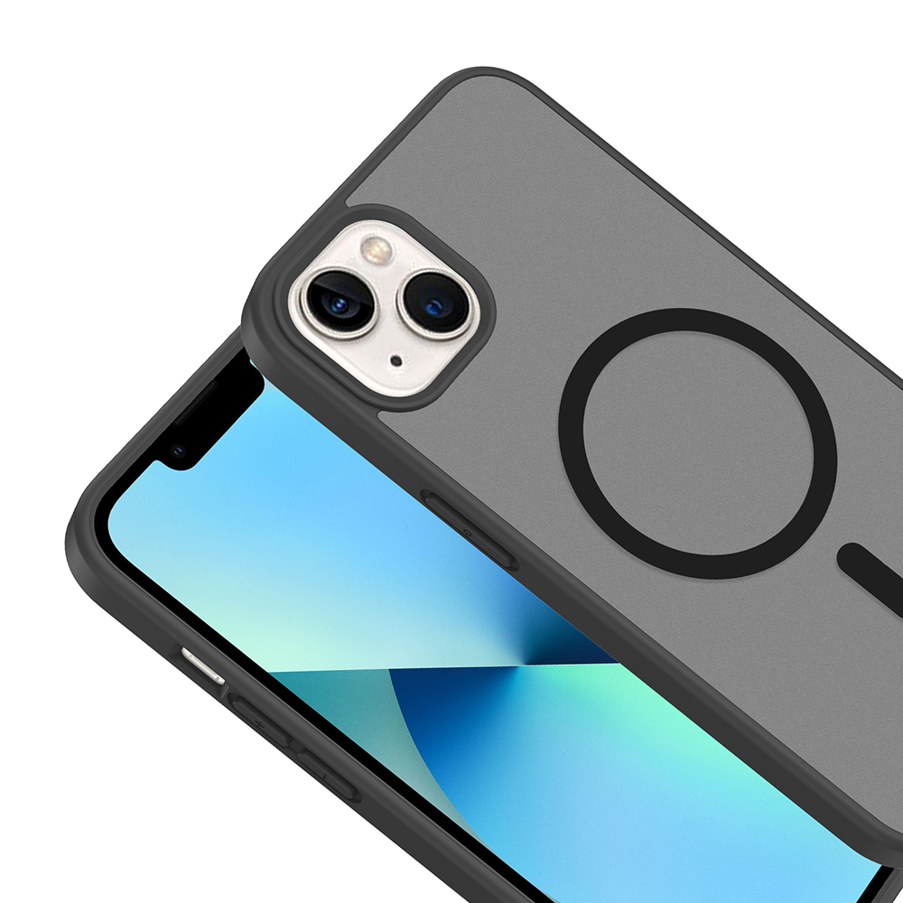 Arkada siyah daire ve iki kamera bulunan gri telefon kılıfı, beyaz zeminde.