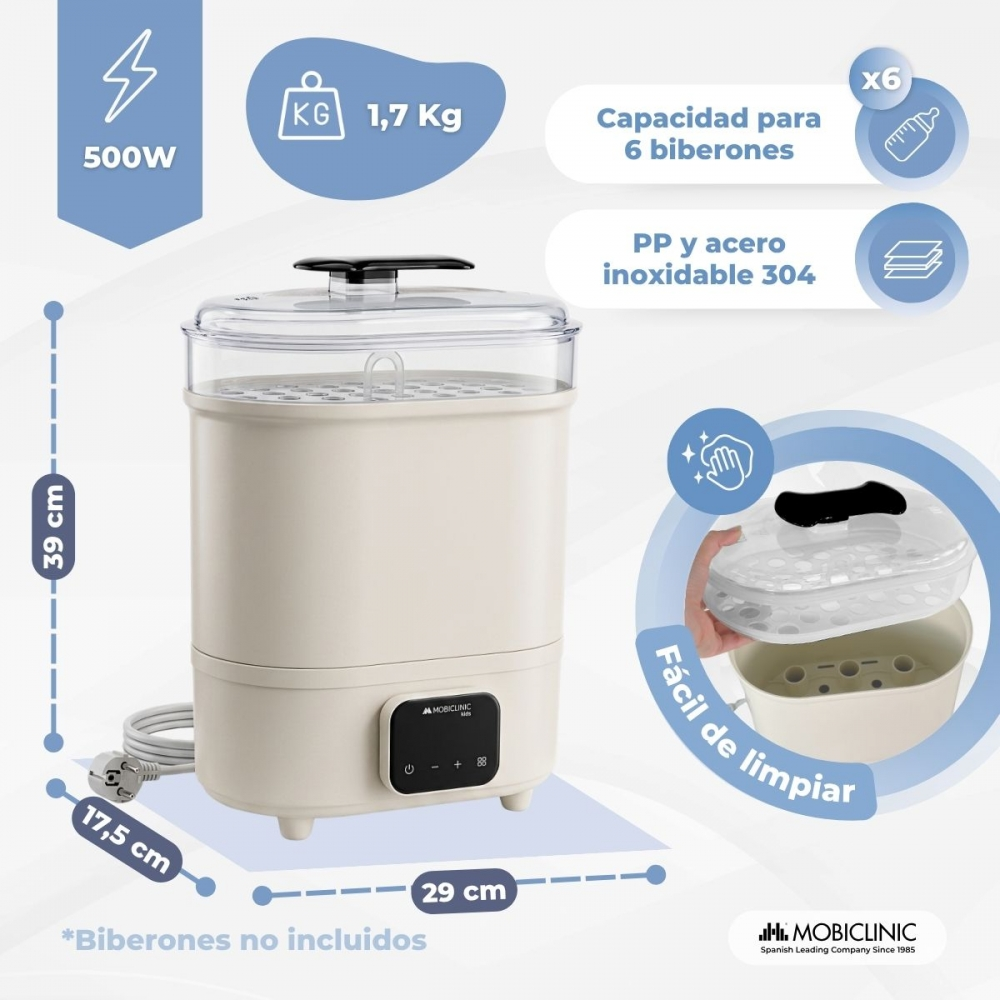 Un esterilizador de biberones color crema, 500W, 1,7 kg, 39 cm alto, 29 cm ancho, capacidad 6 biberones.