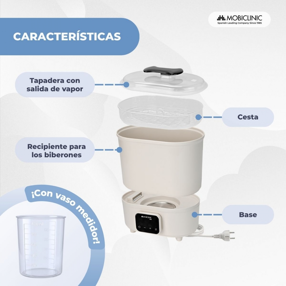 Un calientabiberones blanco, con tapa, cesta, recipiente y base, se muestra desmontado.