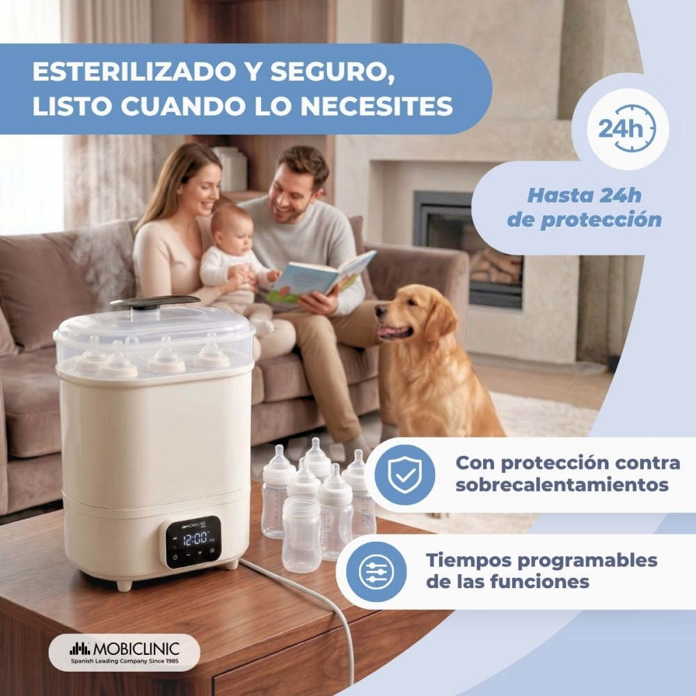 Familia con bebé y perro, esterilizador y biberones en mesa.
