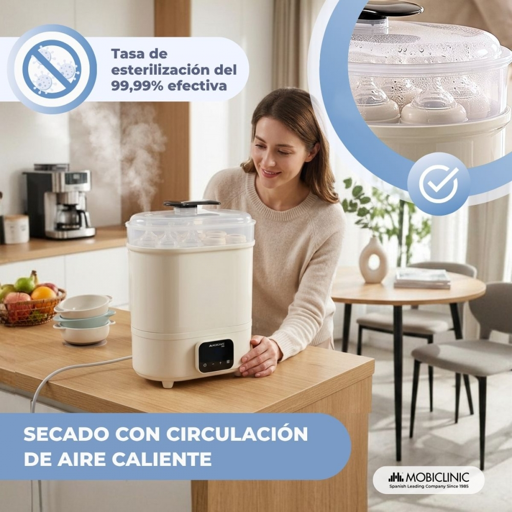Una mujer junto a un esterilizador de vapor con biberones dentro.