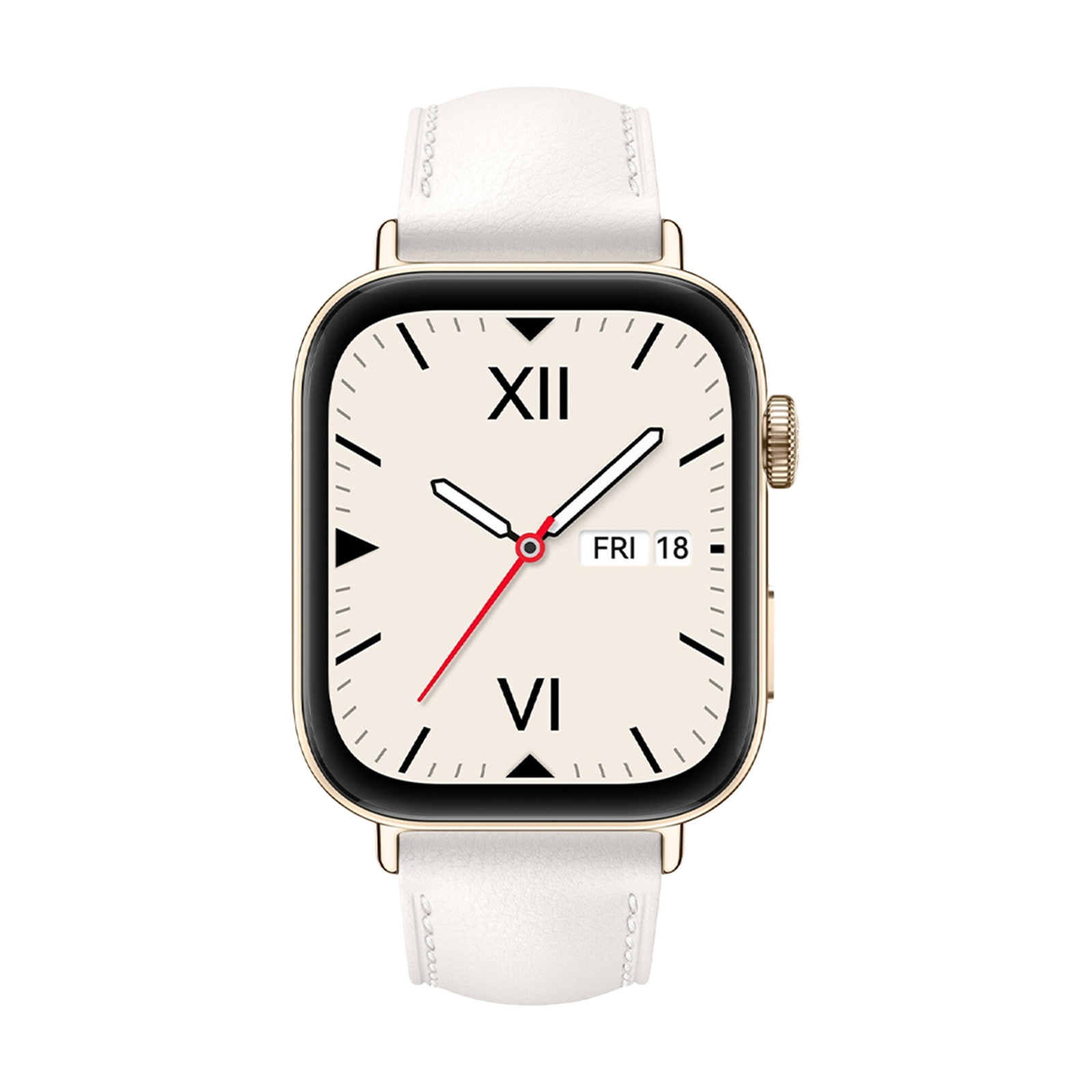 Reloj inteligente dorado con correa blanca y esfera beige.