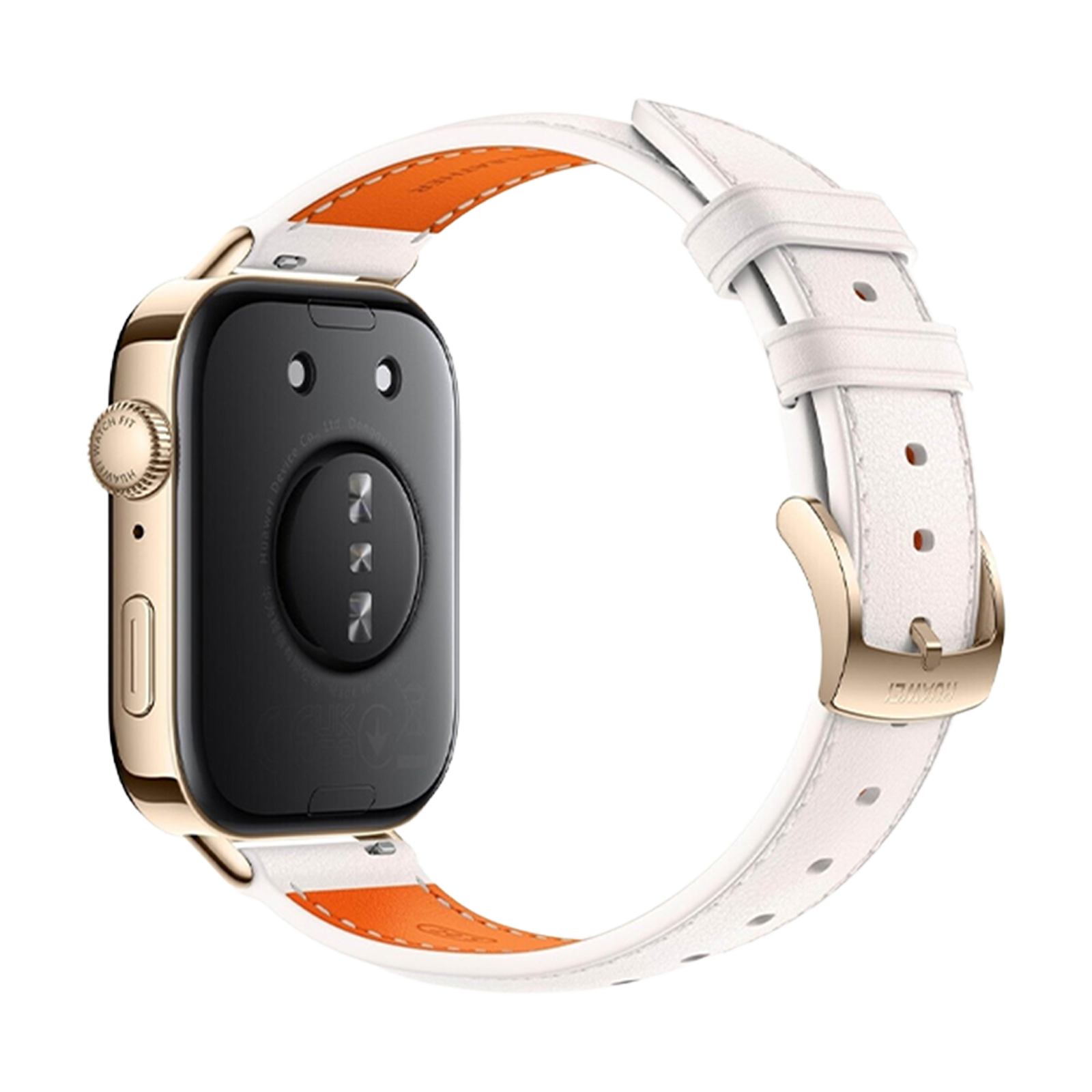 Reloj inteligente dorado con correa blanca y forro naranja.