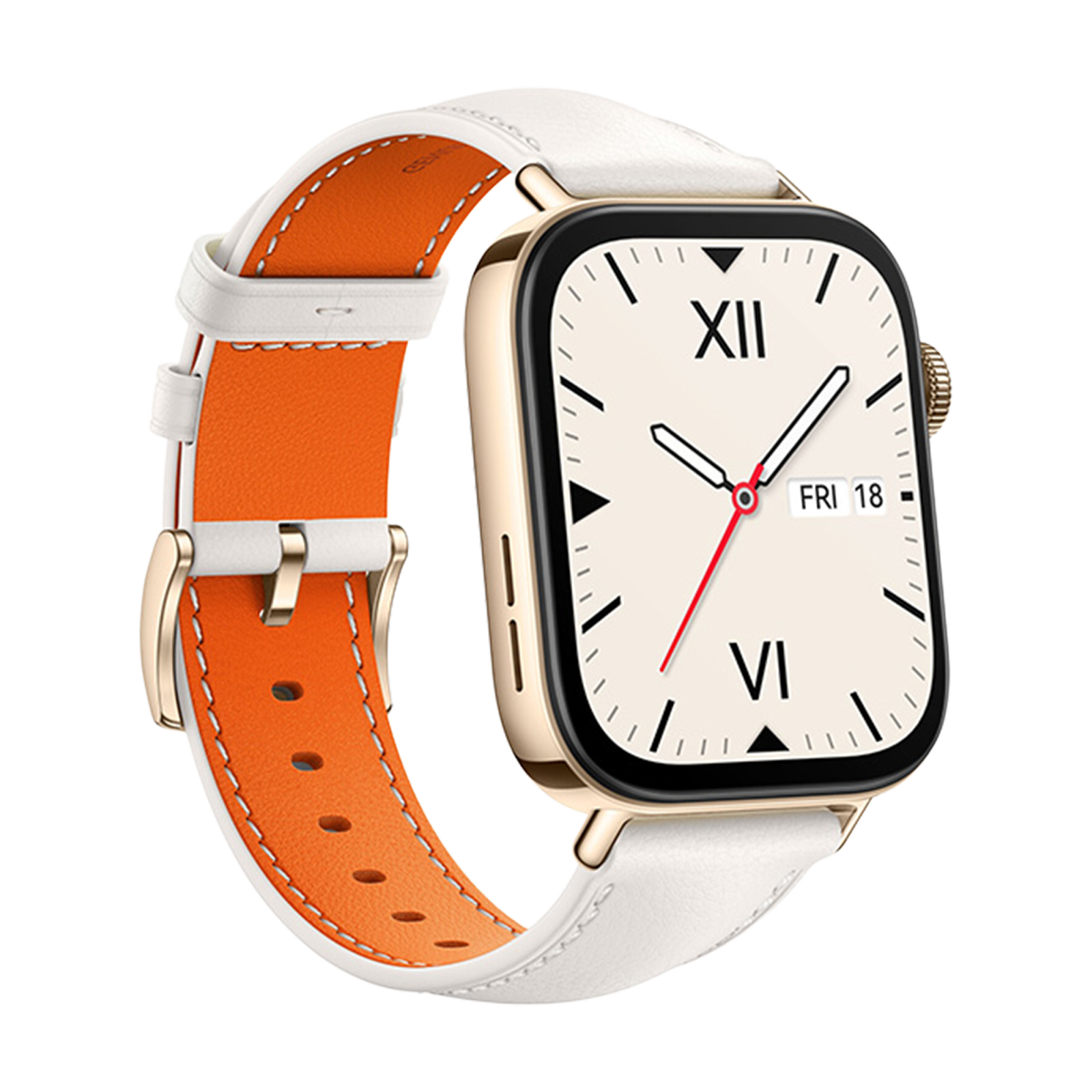 Un reloj inteligente dorado con correa blanca y forro naranja, muestra FRI 18.
