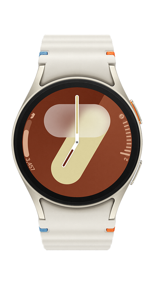 A light-colored smartwatch with a brown face, featuring white hands and the number 7.