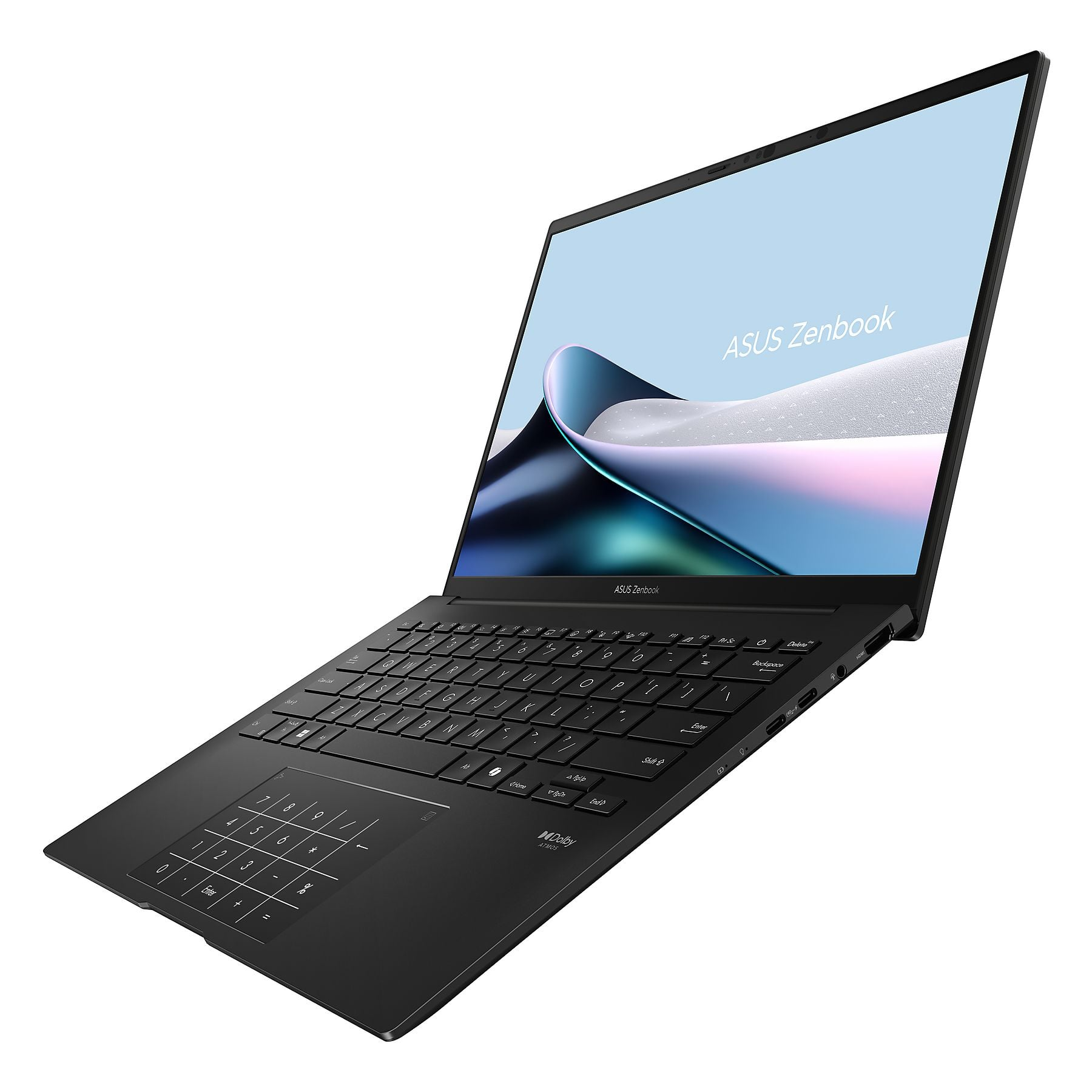 Laptop ASUS Zenbook nero con tastiera illuminata e tastierino numerico.
