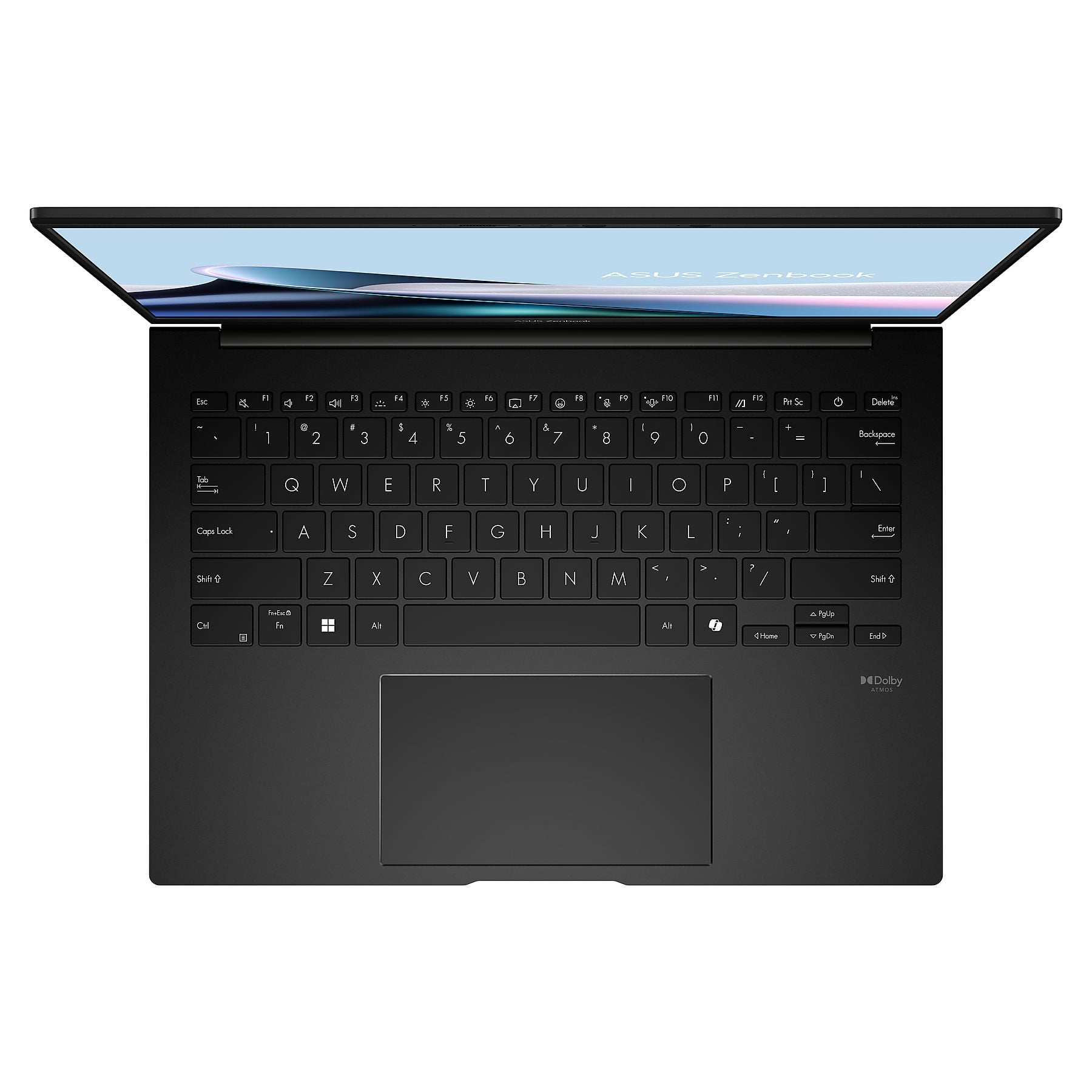 Laptop nero con schermo aperto, tastiera e touchpad.