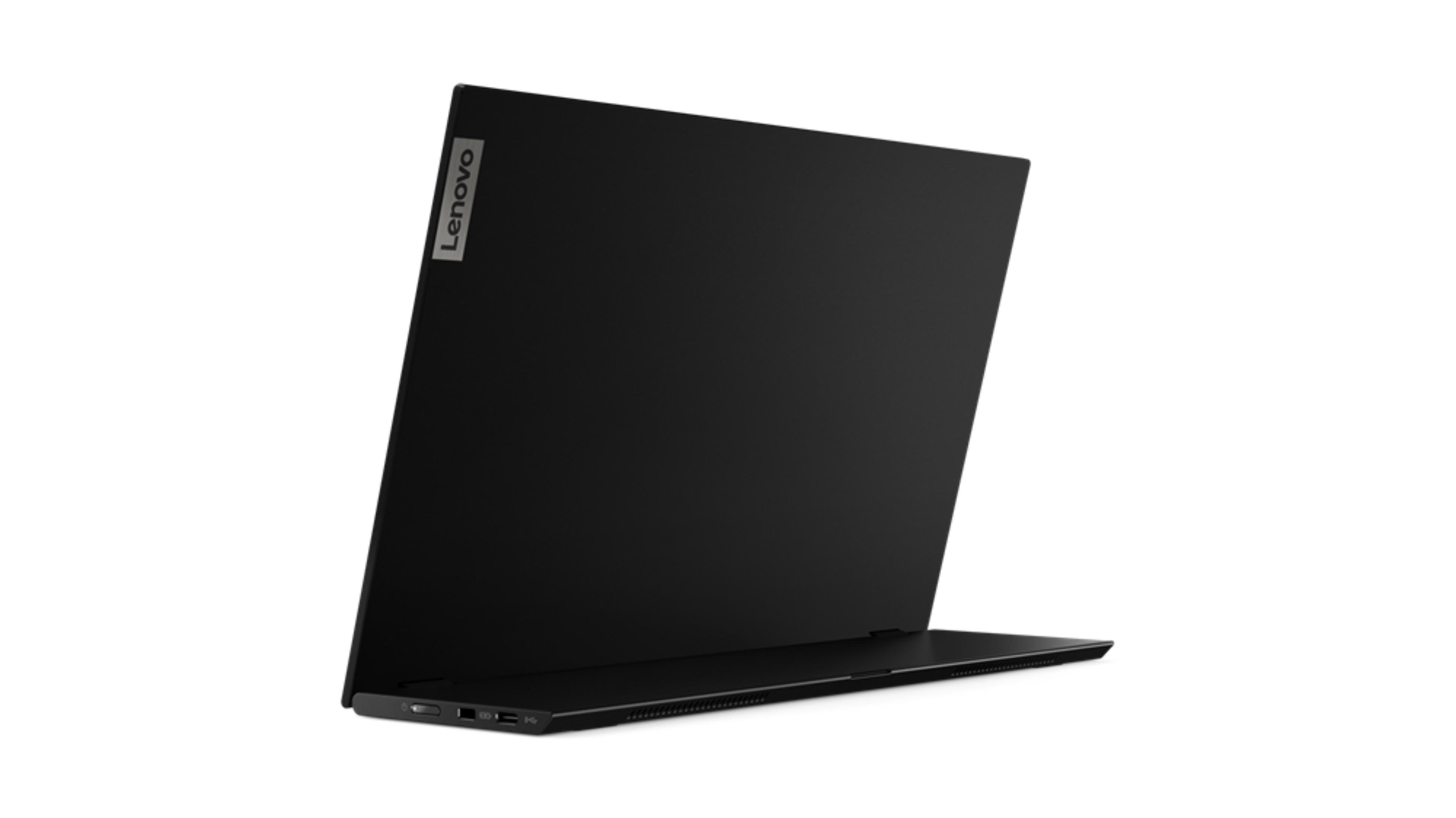 Un laptop Lenovo nero, visto da dietro con il coperchio aperto.