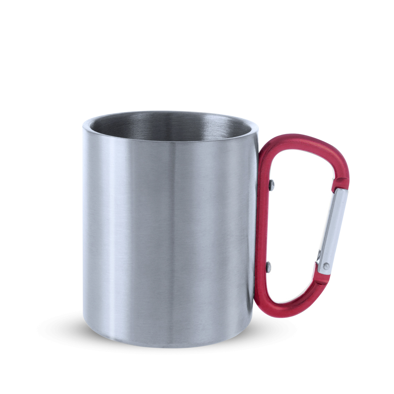 Tazza d'argento con manico a moschettone rosso, su sfondo bianco.