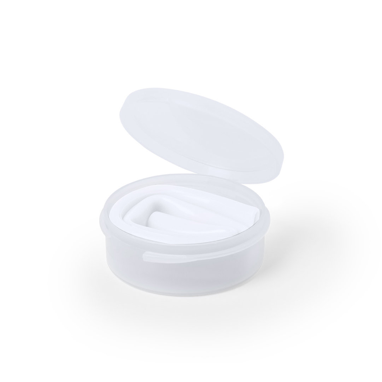Un contenitore bianco e traslucido con coperchio aperto, che contiene un oggetto bianco.