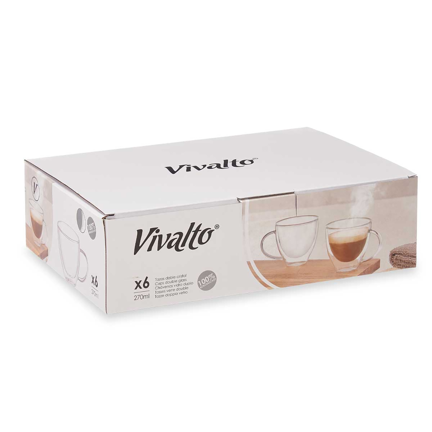 Una caja de tazas de cristal de doble pared Vivalto, pack de 6, 270ml.