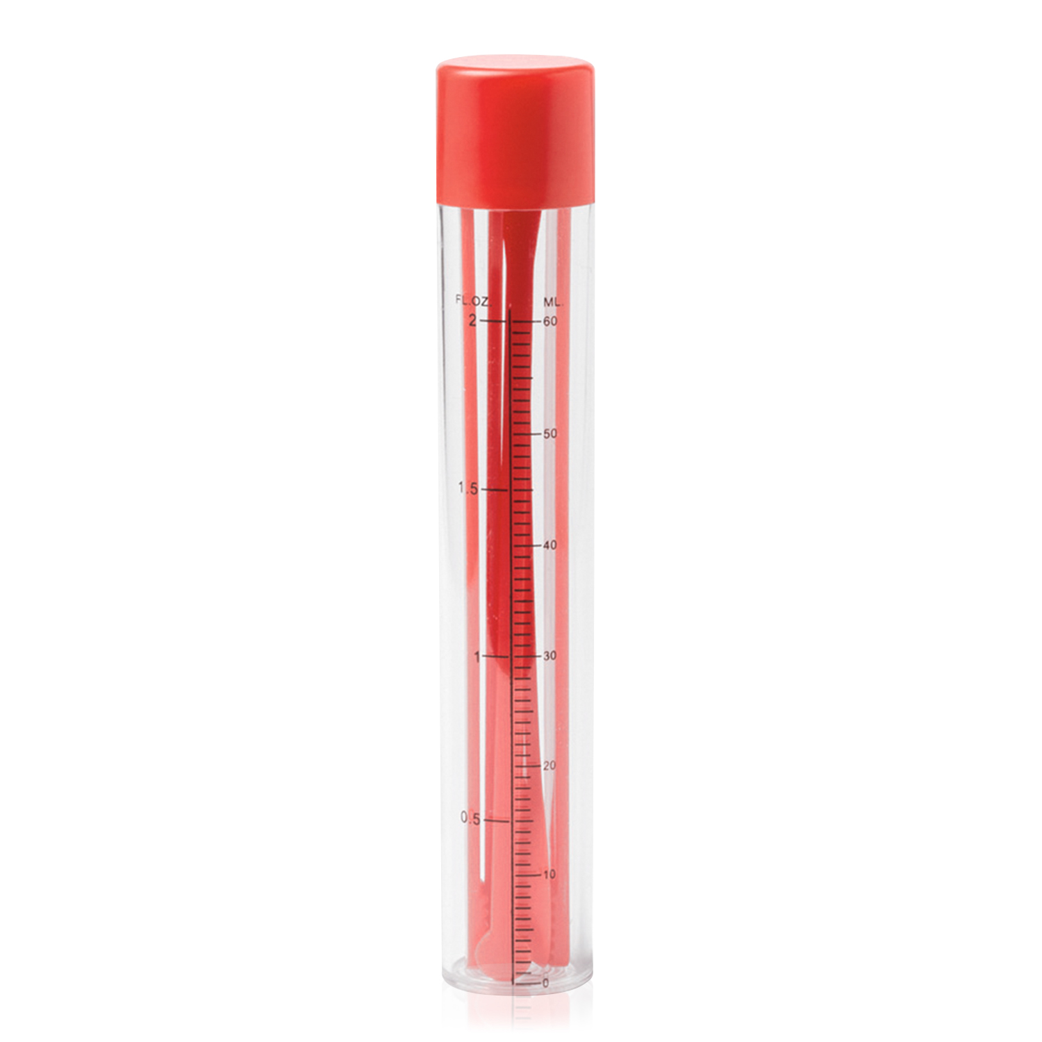 Un misurino rosso con scale in millilitri e once liquide.