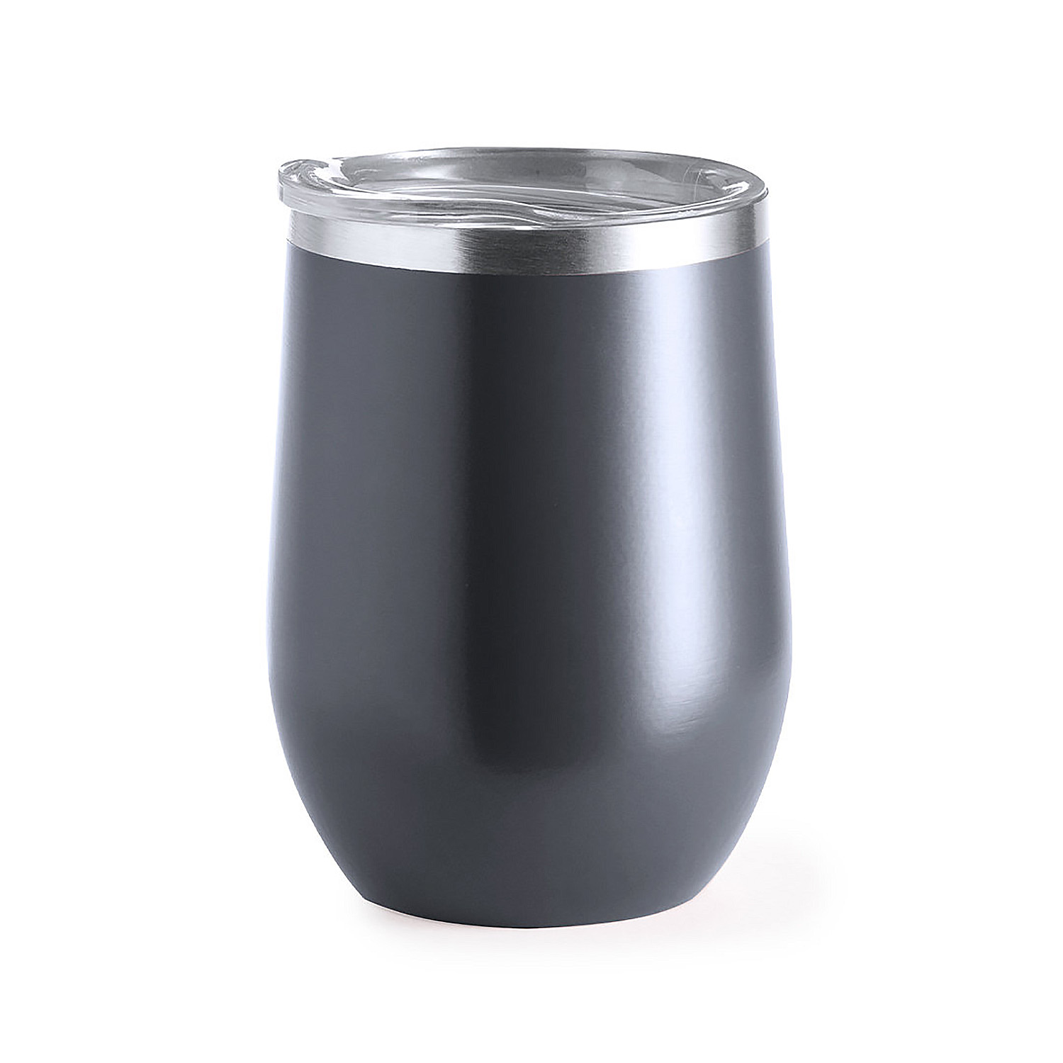 Un bicchiere scuro a forma di uovo con coperchio trasparente e bordo argentato.