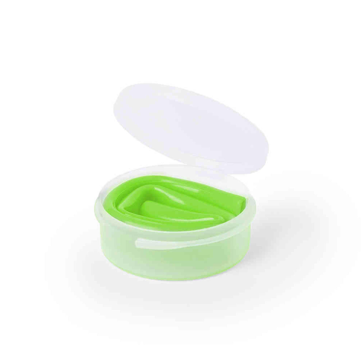 Pasta da gioco verde in un contenitore verde chiaro con coperchio aperto.