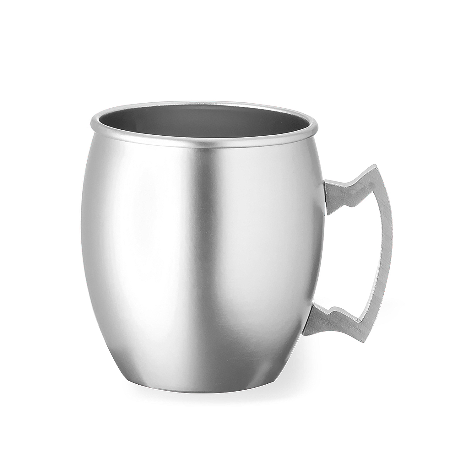 Una tazza Moscow Mule argentata con manico su sfondo bianco.