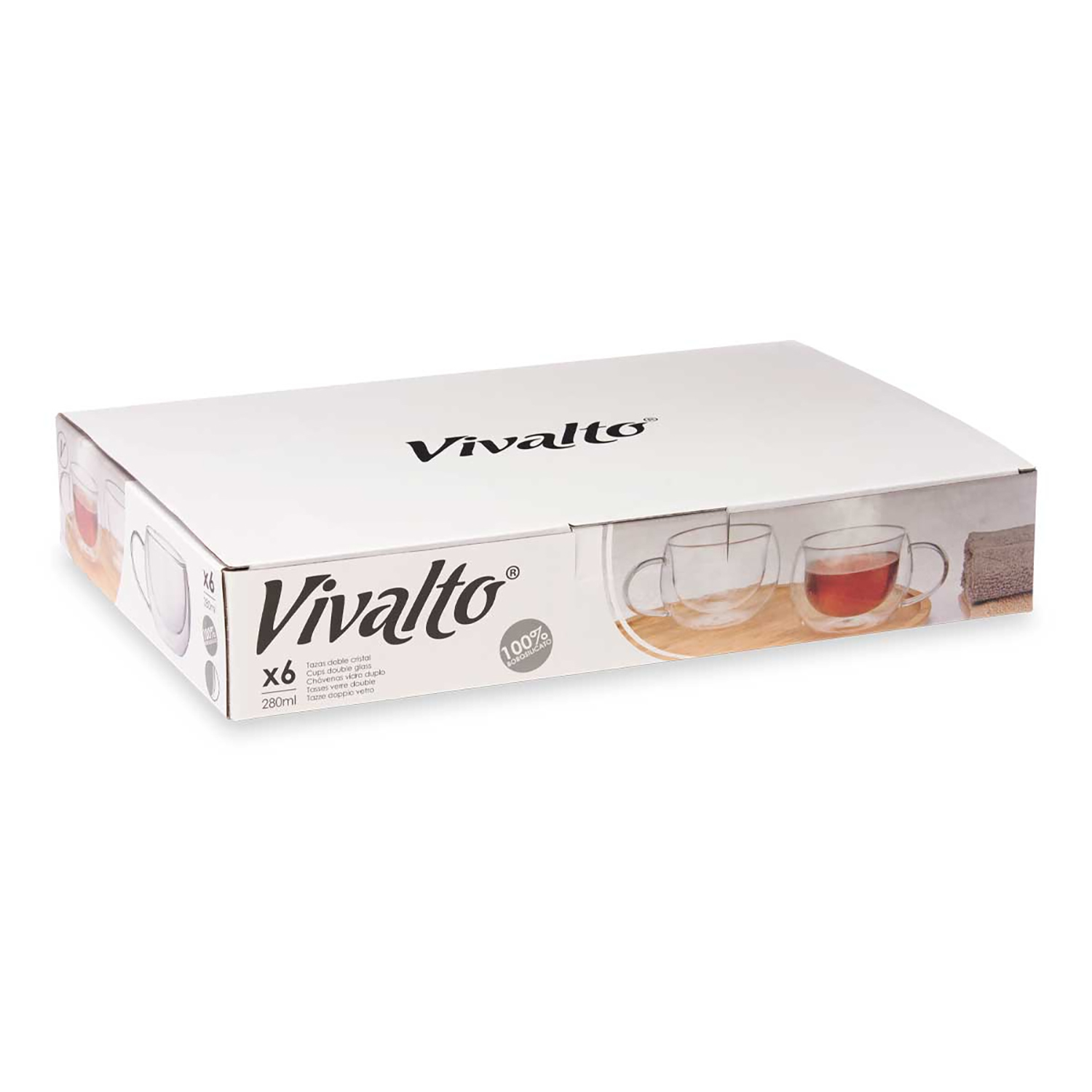 Scatola da 6 tazze in vetro Vivalto a doppia parete, 280ml, Borosilicato.