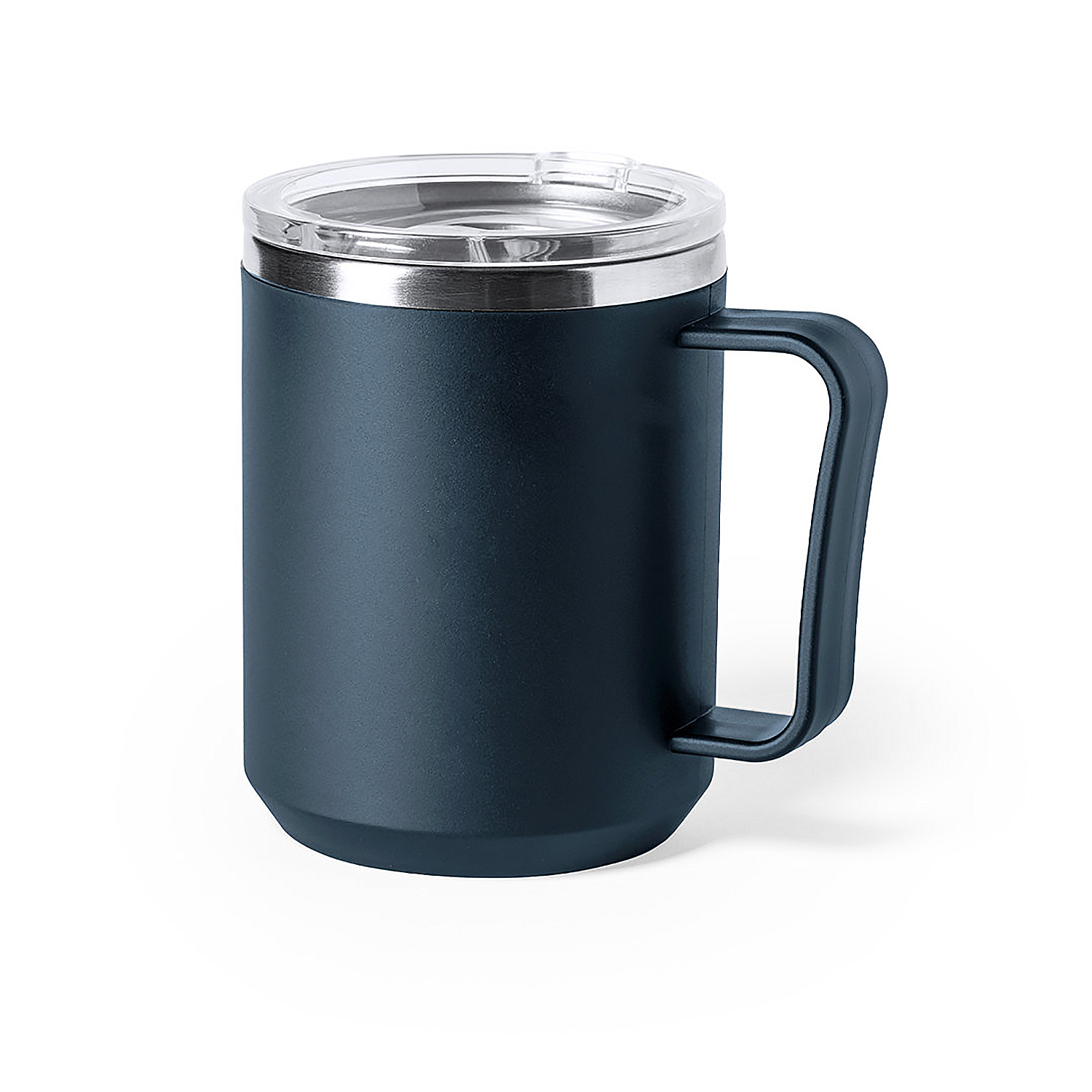 Tazza blu scuro con manico e coperchio trasparente, su sfondo bianco.