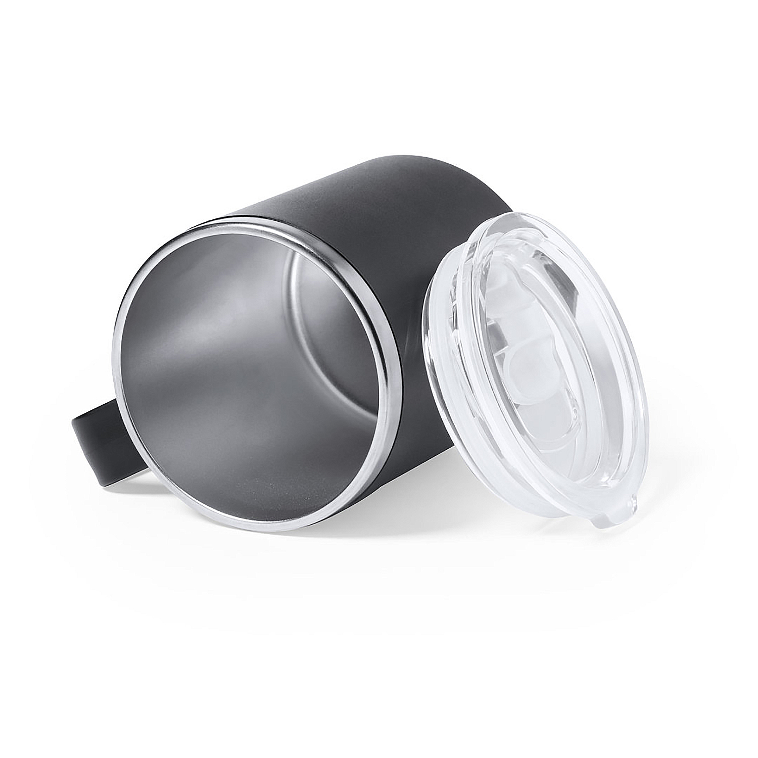 Tazza da viaggio nera con bordo argentato e coperchio trasparente accanto.
