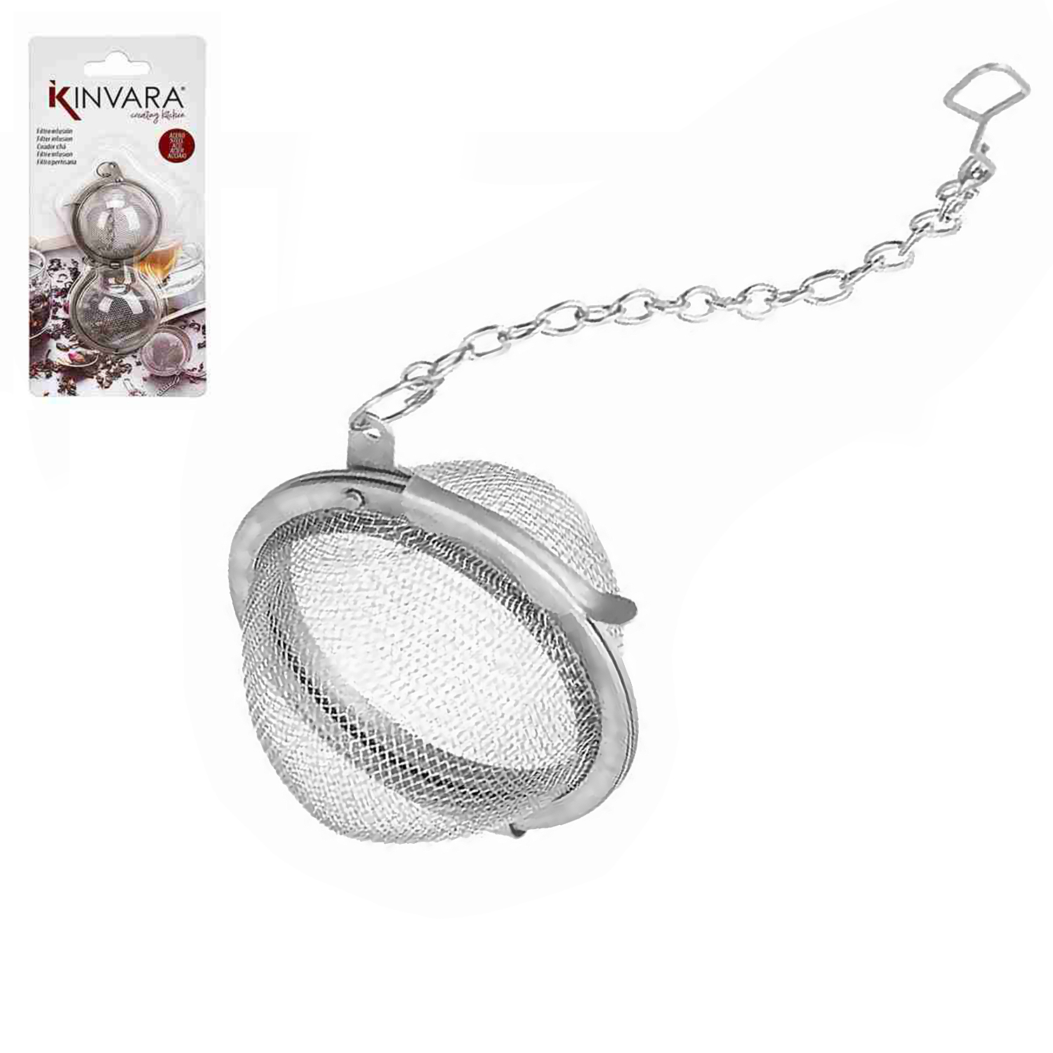 Un infusore da tè a sfera in rete argentata con catena, su sfondo bianco.