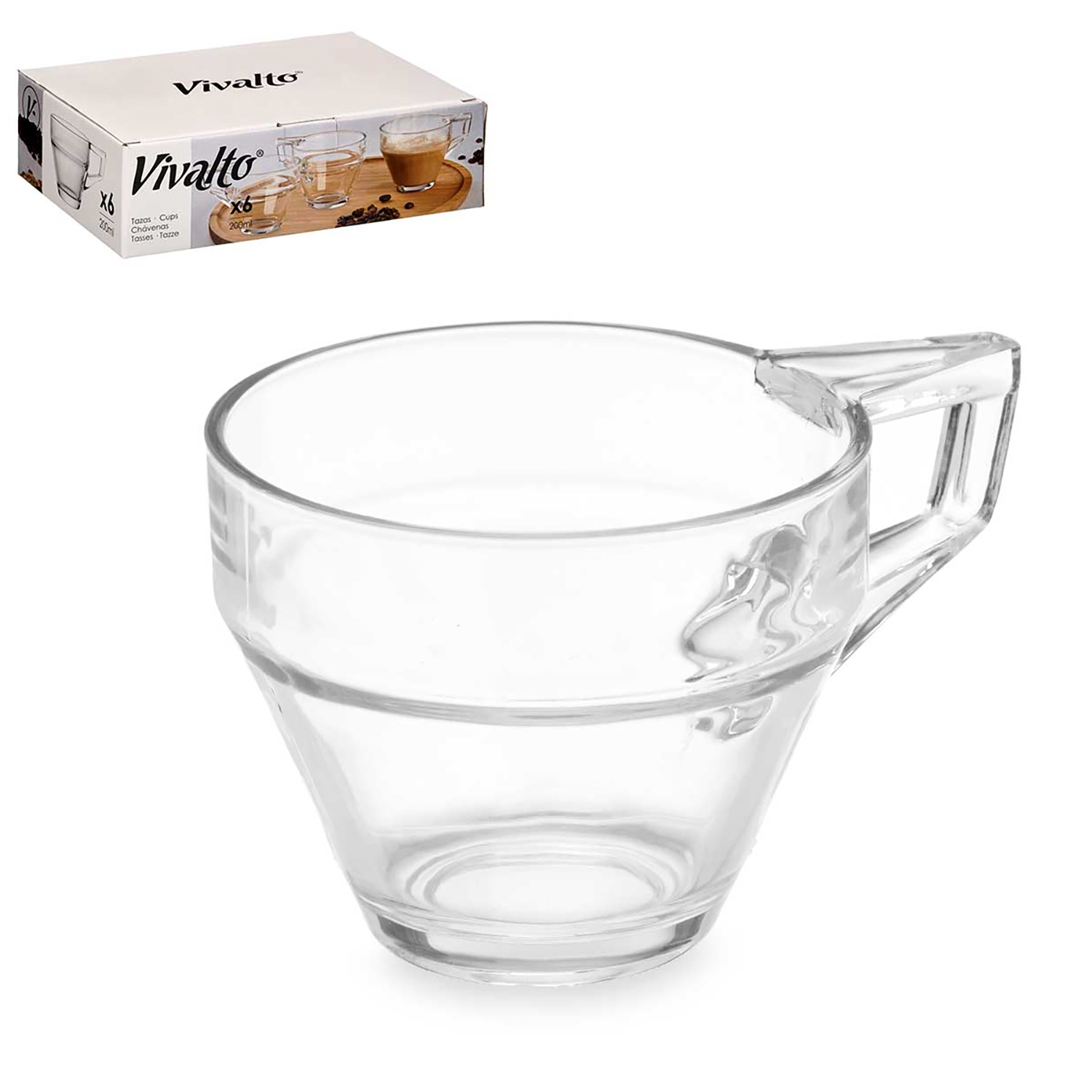Una tazza di vetro trasparente con manico e la sua confezione sullo sfondo.
