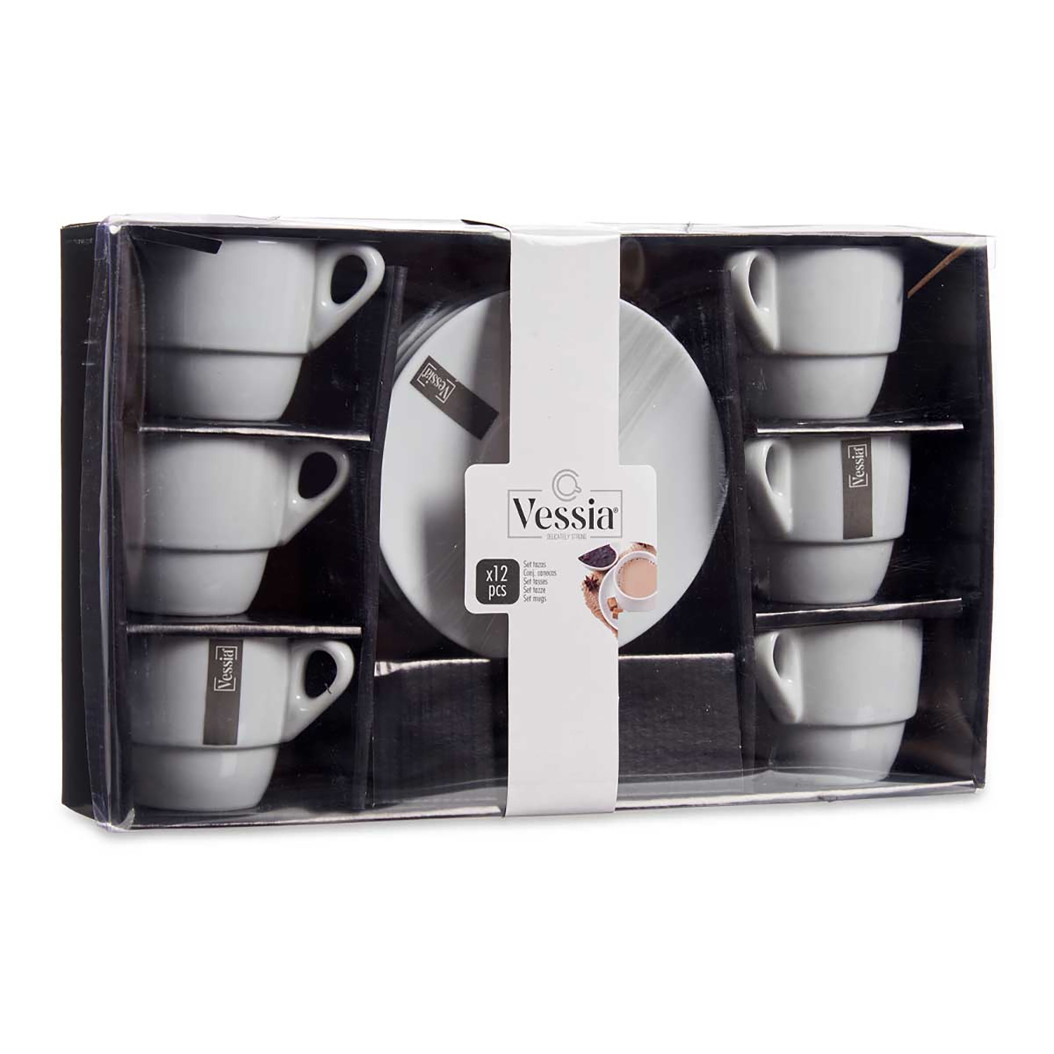 Confezione con 6 tazzine da espresso bianche e piattini, impilate.
