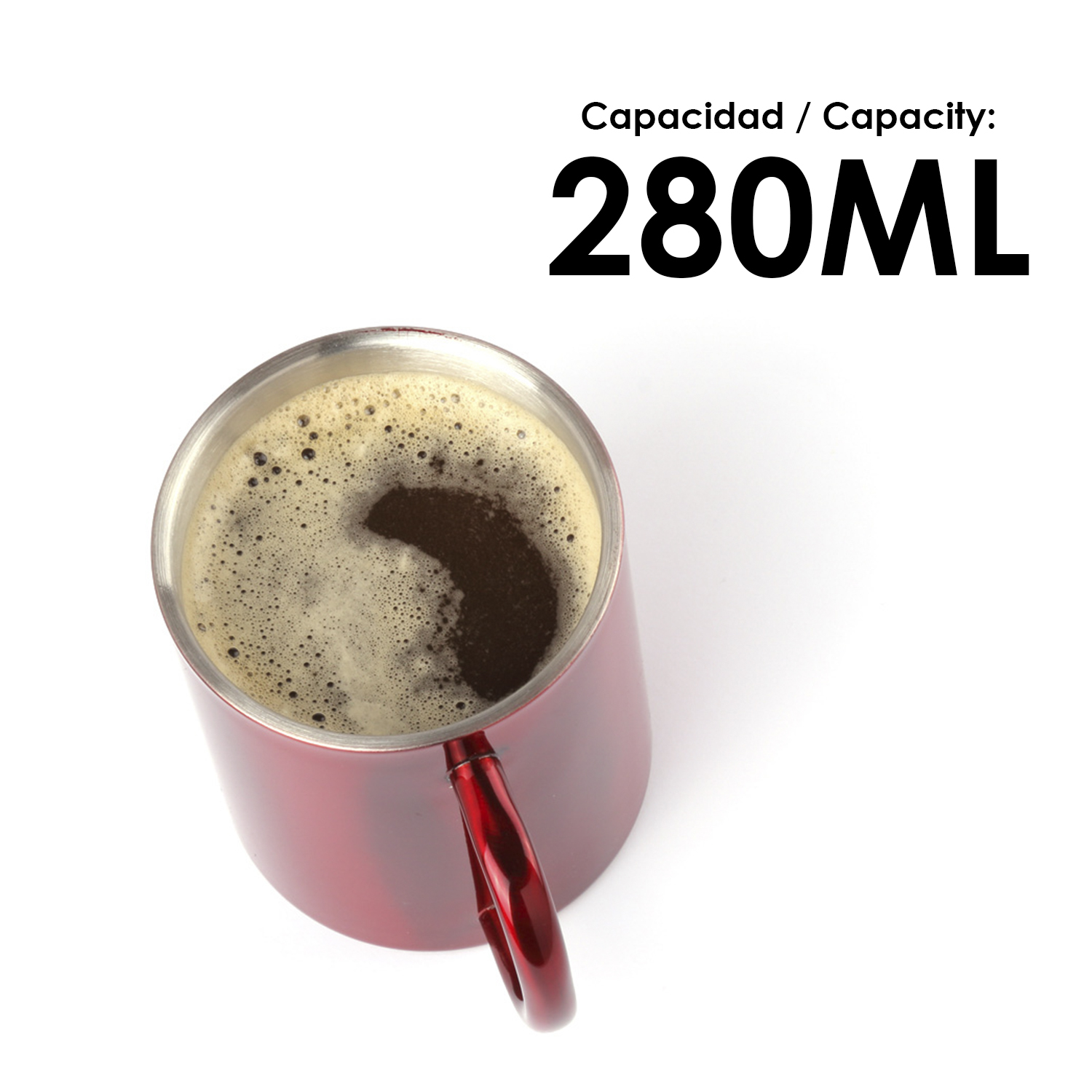 Tazza rossa con caffè e schiuma, capacità 280 ml.