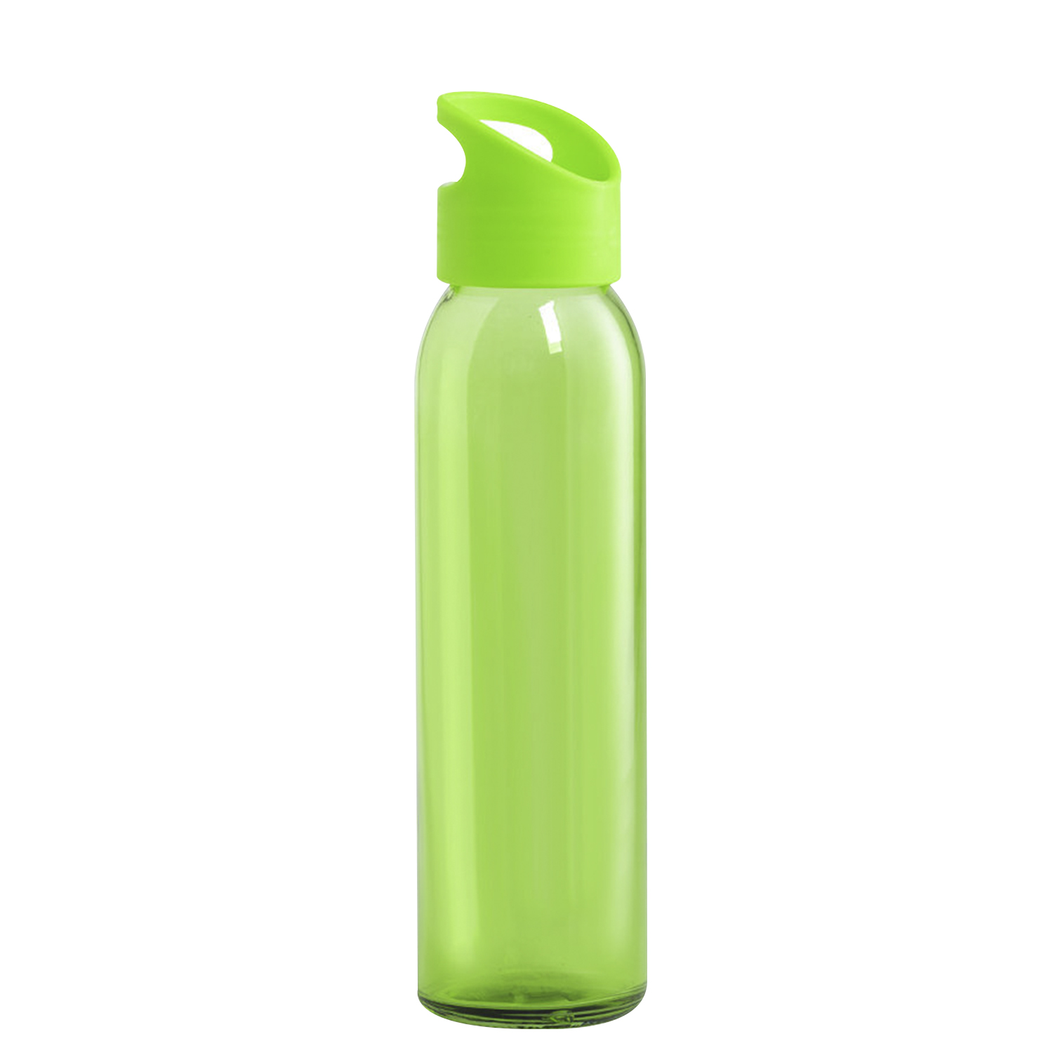 Una bottiglia in vetro verde trasparente con coperchio e manico verde brillante.