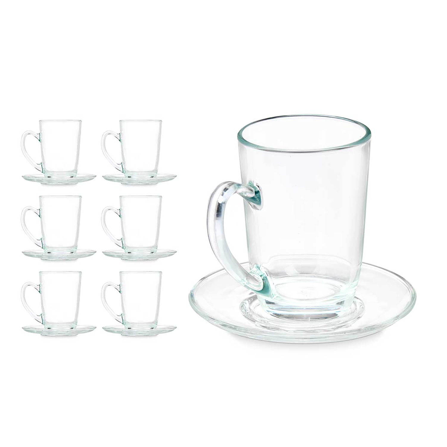 Seis tazas de vidrio transparente con platillos y una taza individual con platillo.