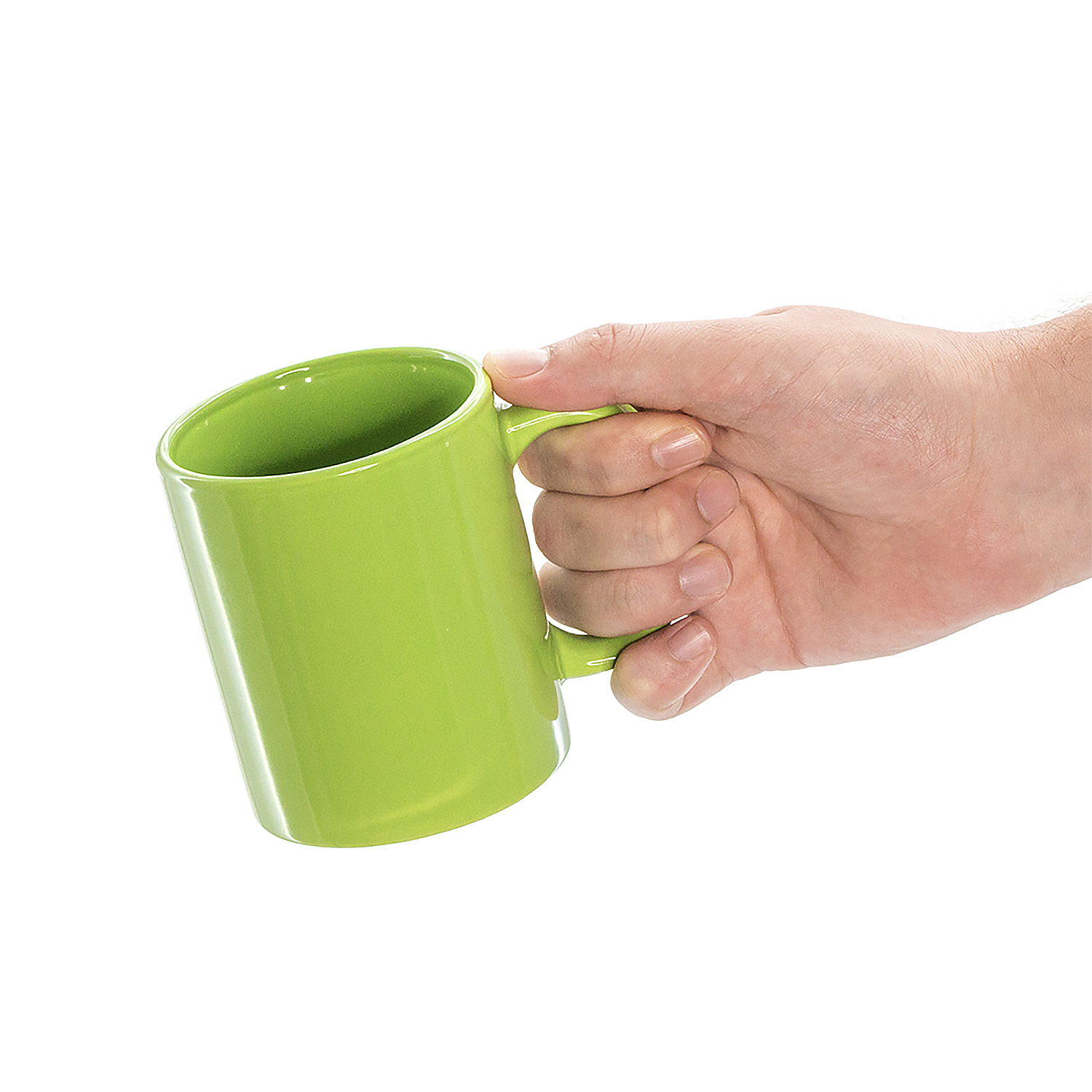 Una mano tiene una tazza verde brillante.