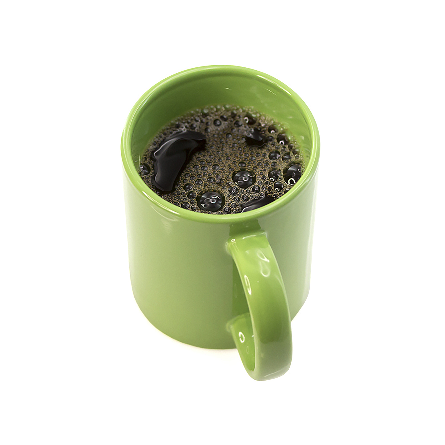 Una tazza verde piena di caffè fumante, vista dall'alto.
