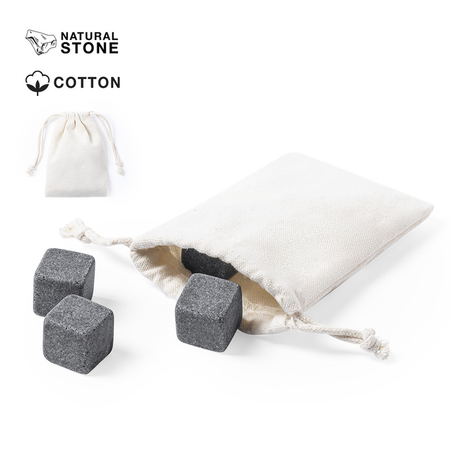 Cubi di pietra grigi che escono da un sacchetto di cotone bianco.