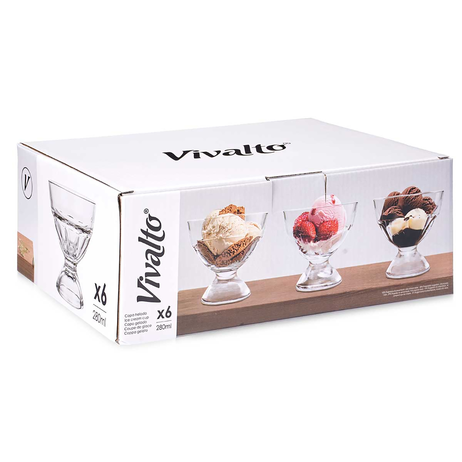 Scatola che mostra sei coppe gelato ripiene di gelato e guarnizioni.