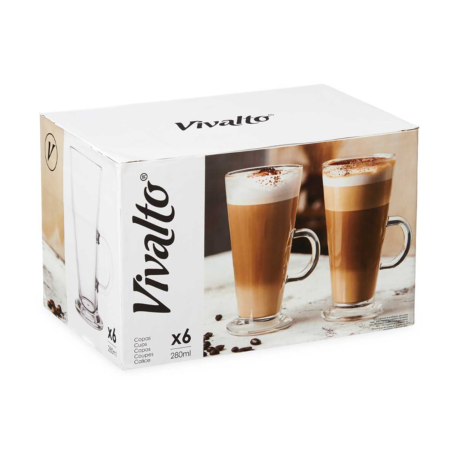 Confezione Vivalto con due bicchieri da latte macchiato e chicchi di caffè.