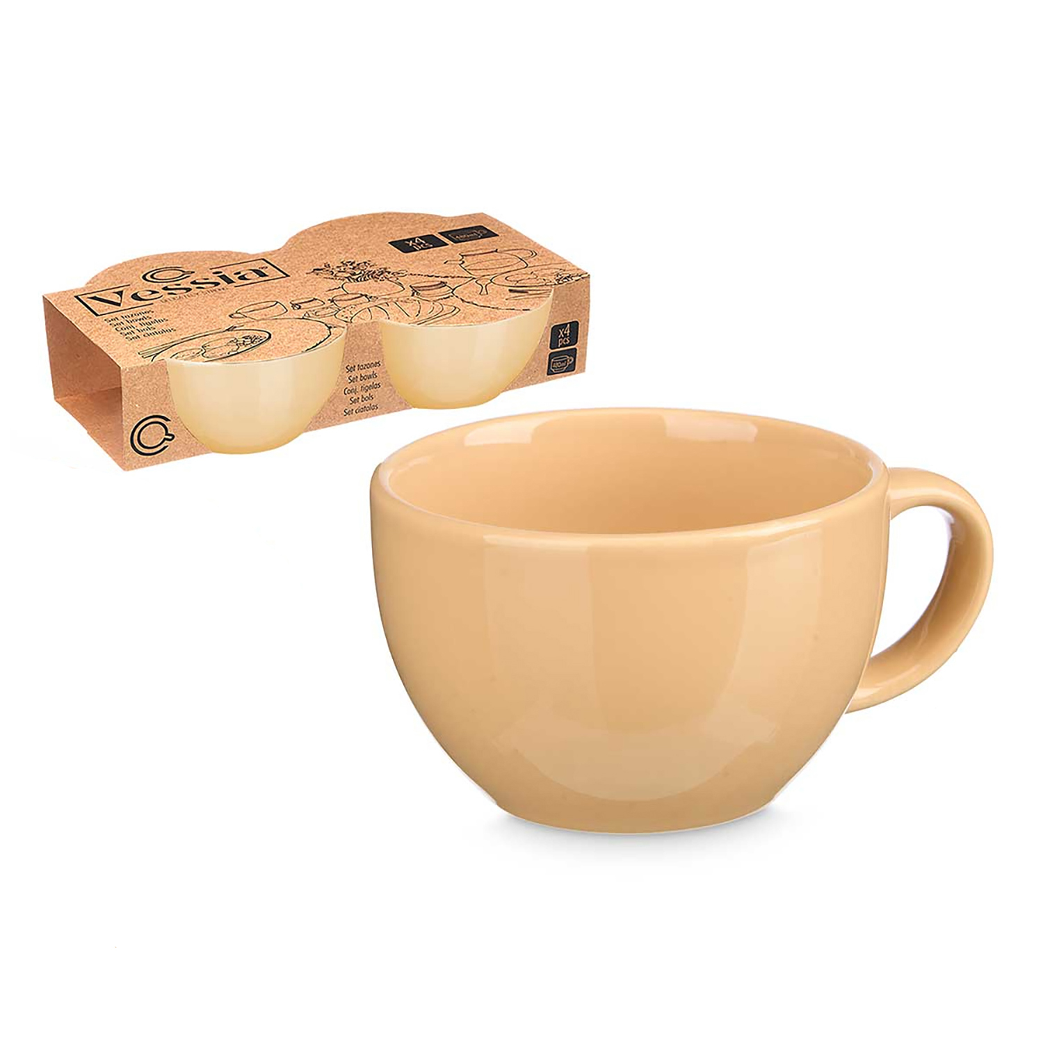 Una tazza beige chiaro e una confezione da quattro ciotole su sfondo bianco.