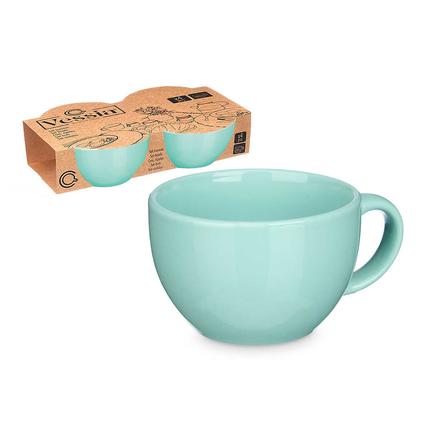 Una tazza turchese con manico e una confezione di quattro ciotole accanto.