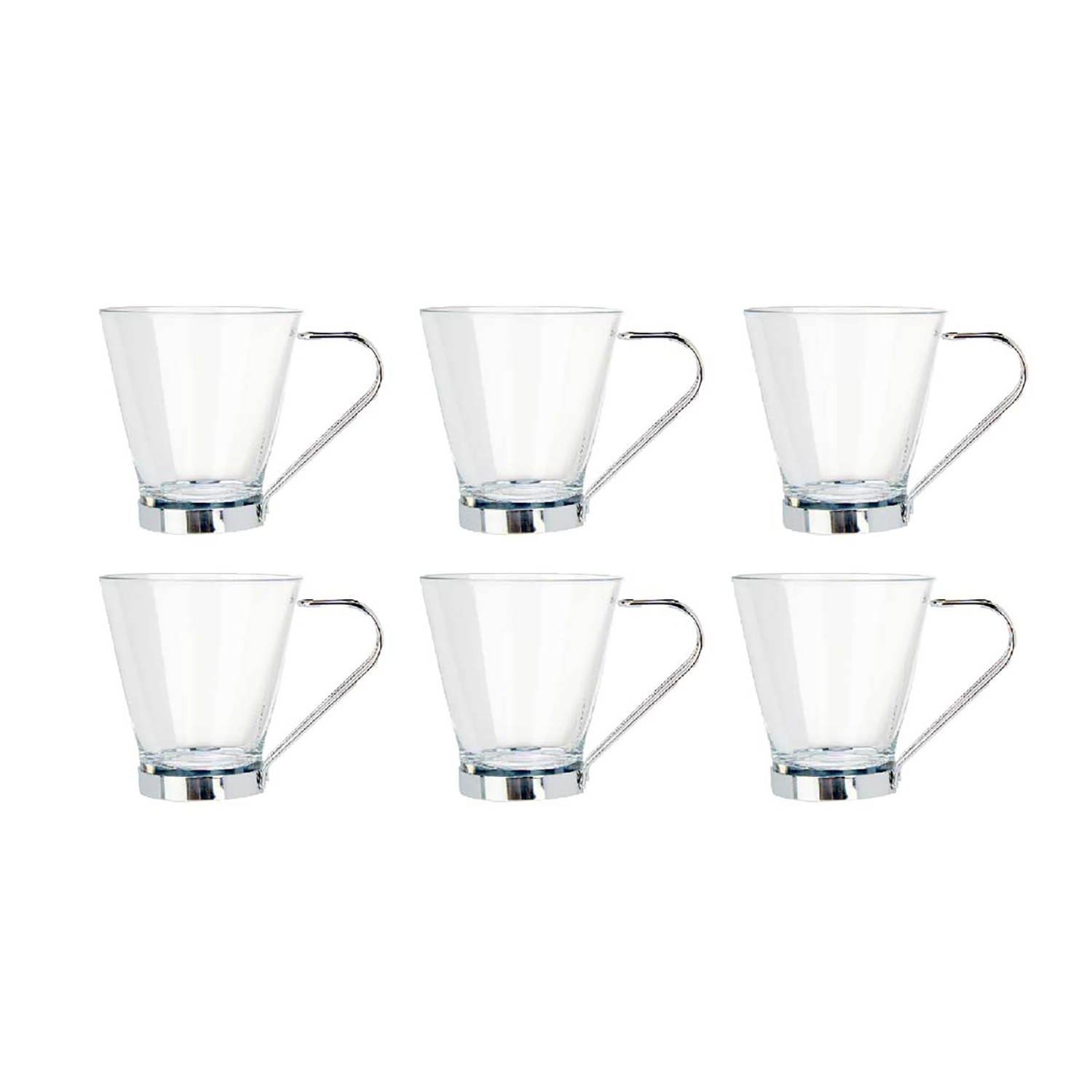 Sei tazzine da espresso in vetro trasparente con manici e basi argentate.